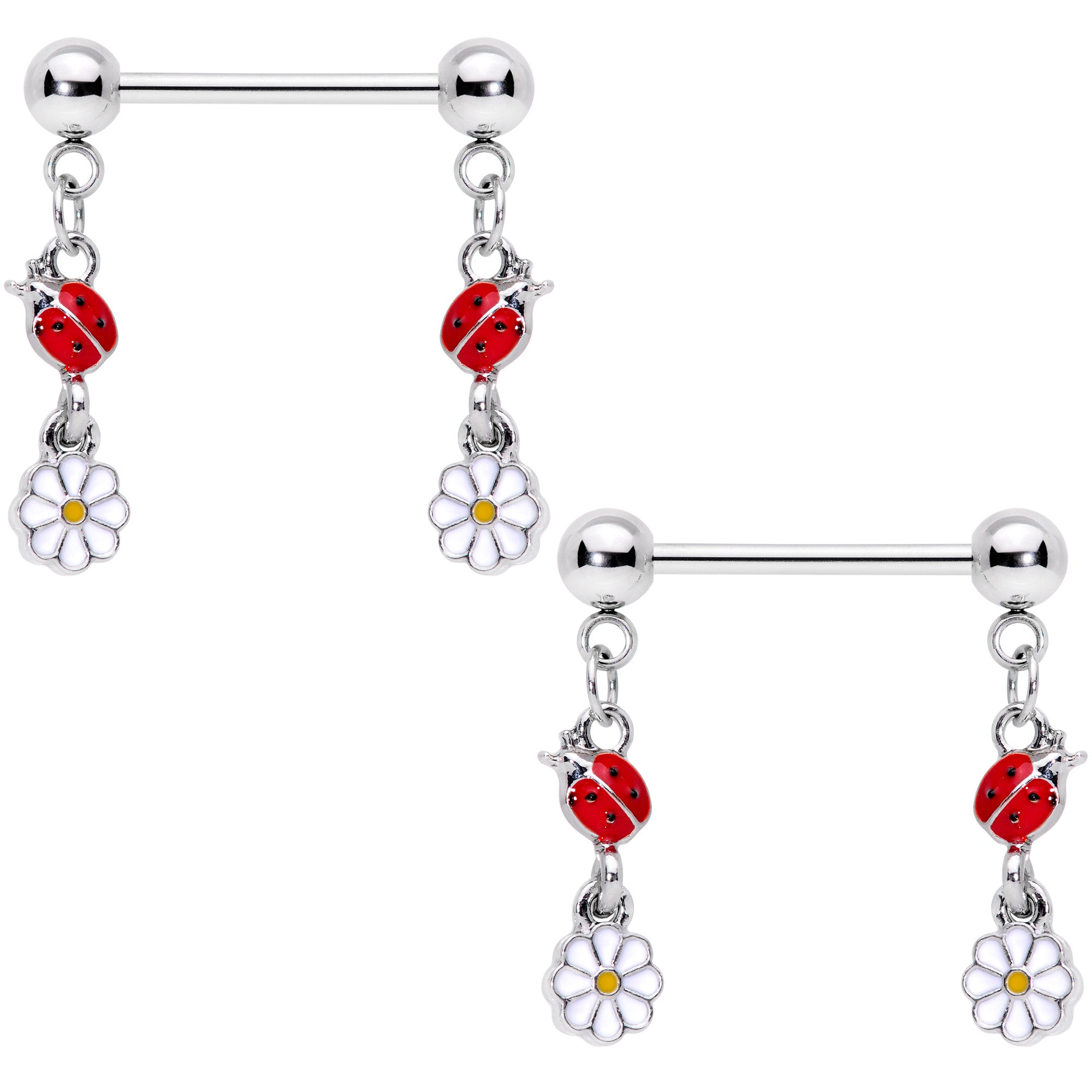 14G 5/8 Red White Ladybug Flower Dangle Barbell Nipple Ring Set