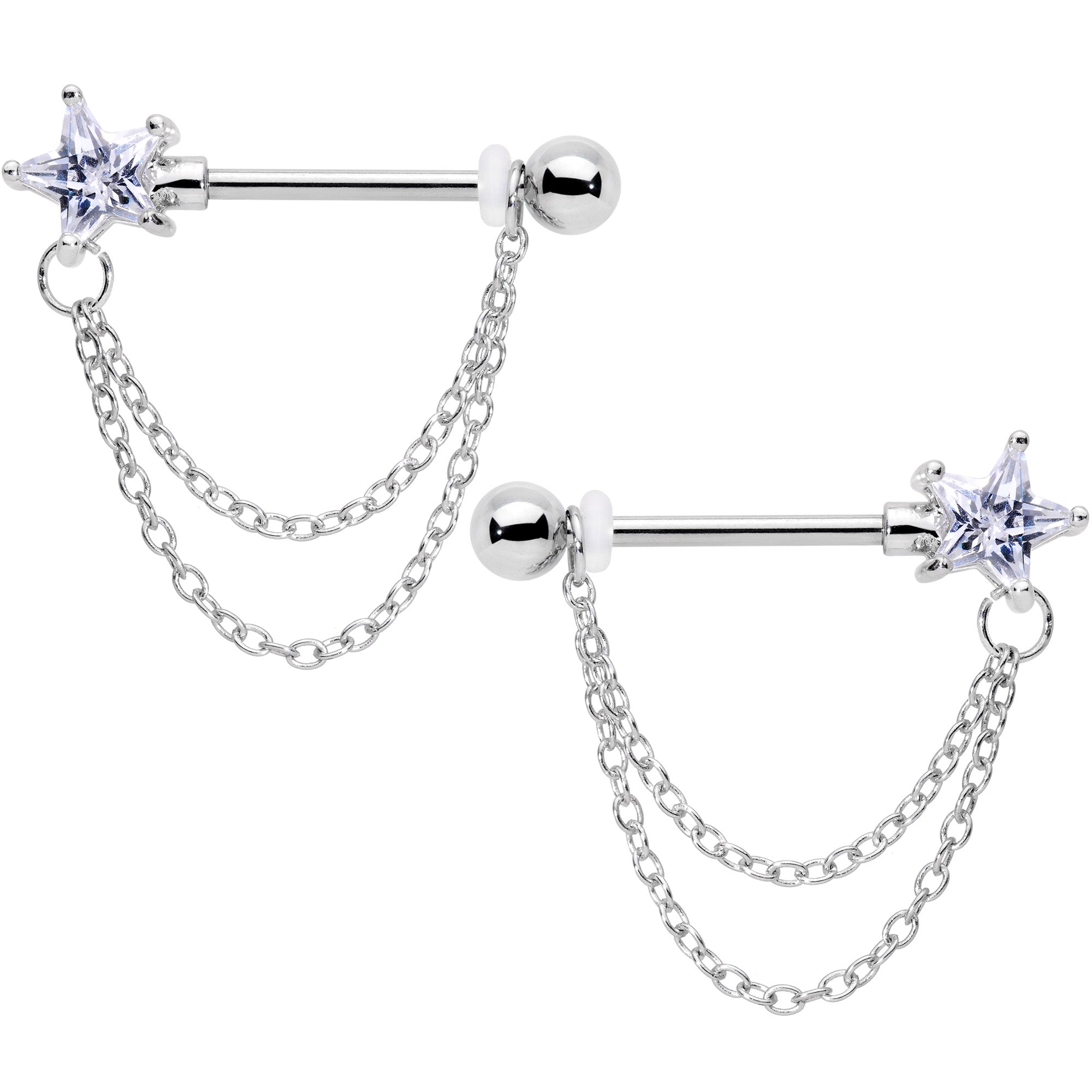 14G 5/8 Clear CZ Star Gem Chain Dangle Nipple Ring Set