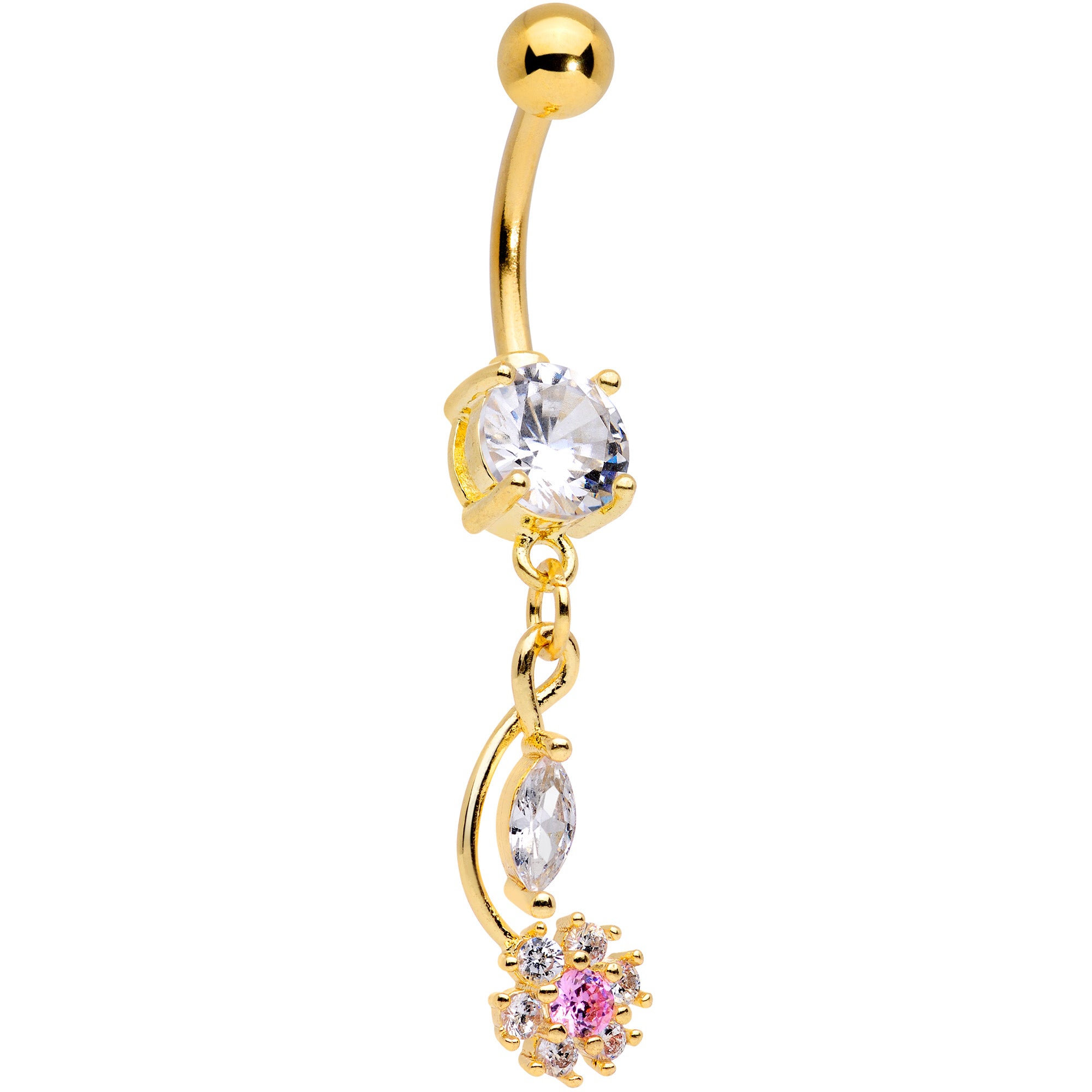 Clear Pink CZ Gem Gold Tone Twist Flower Dangle Belly Ring