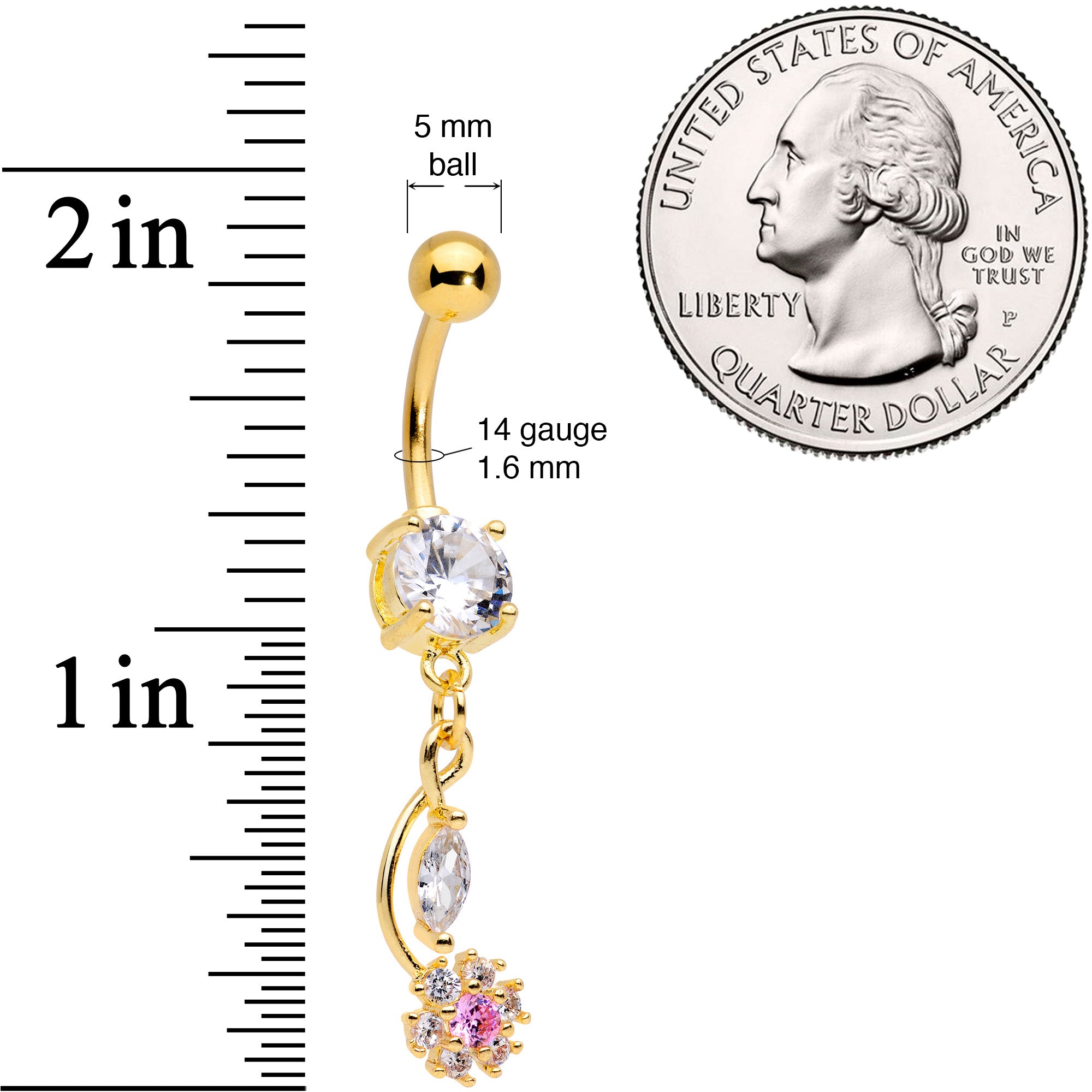 Clear Pink CZ Gem Gold Tone Twist Flower Dangle Belly Ring