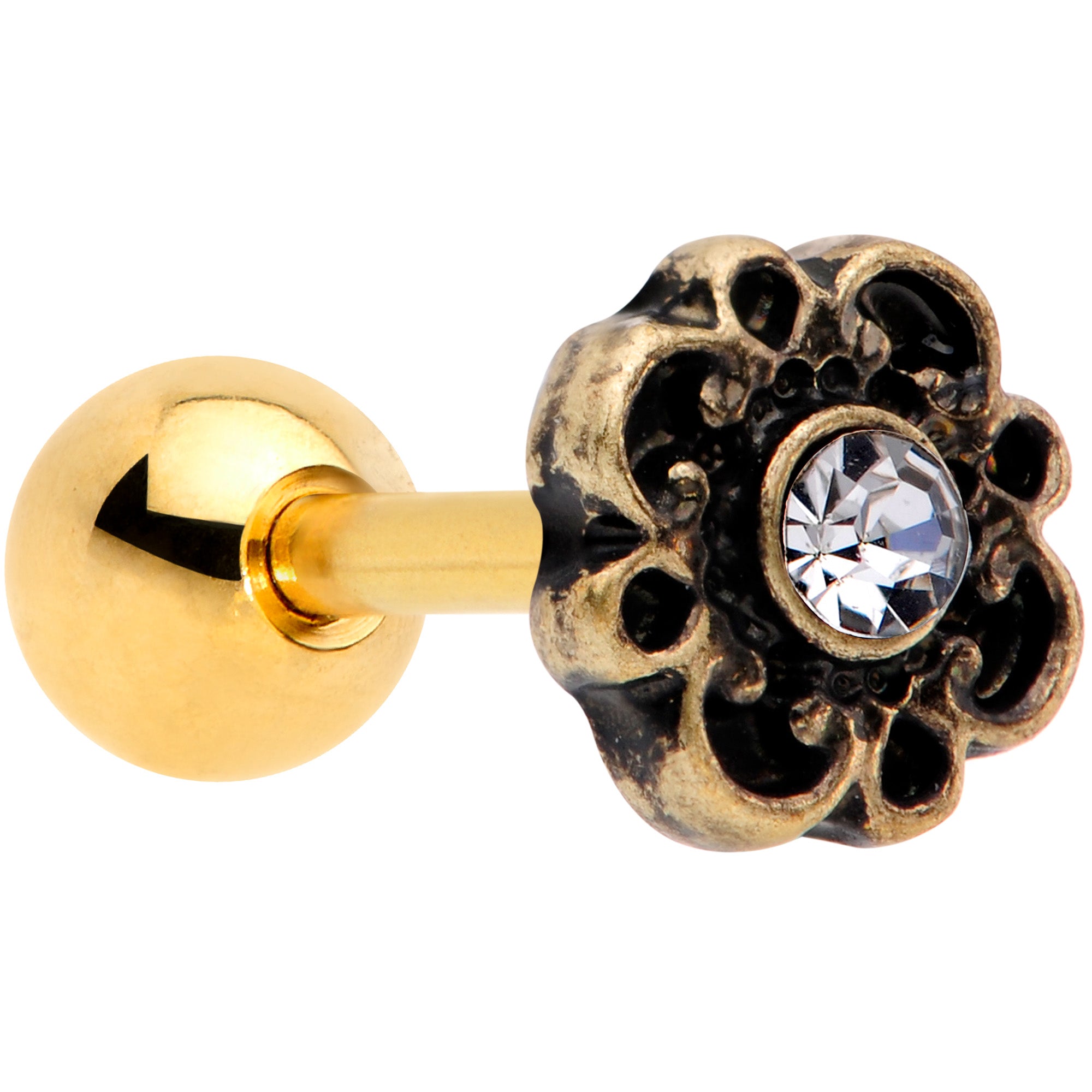 16G 1/4 Clear Gem Gold Tone Flower Emblem Tragus Cartilage Earring