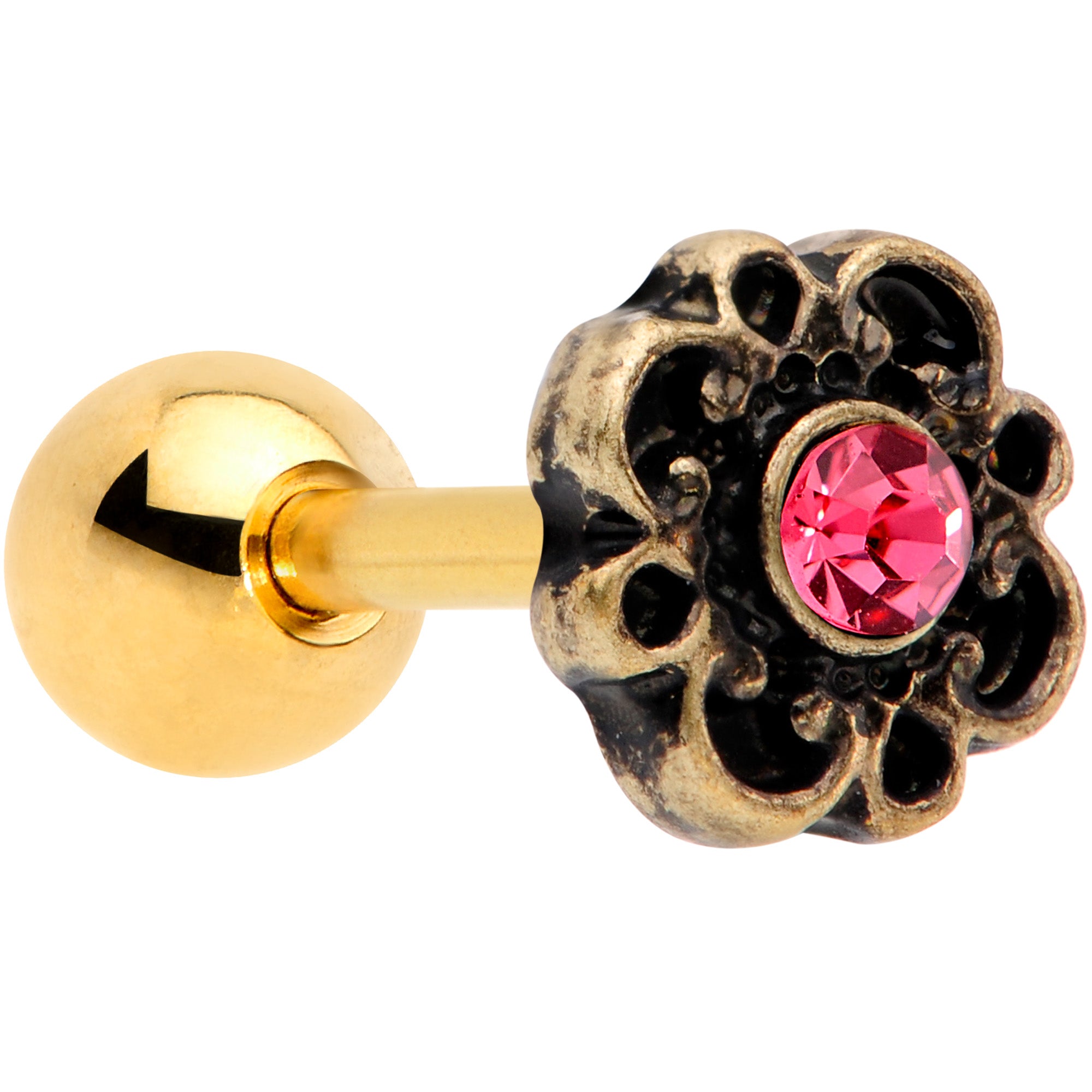 16G 1/4 Pink Gem Gold Tone Flower Emblem Tragus Cartilage Earring