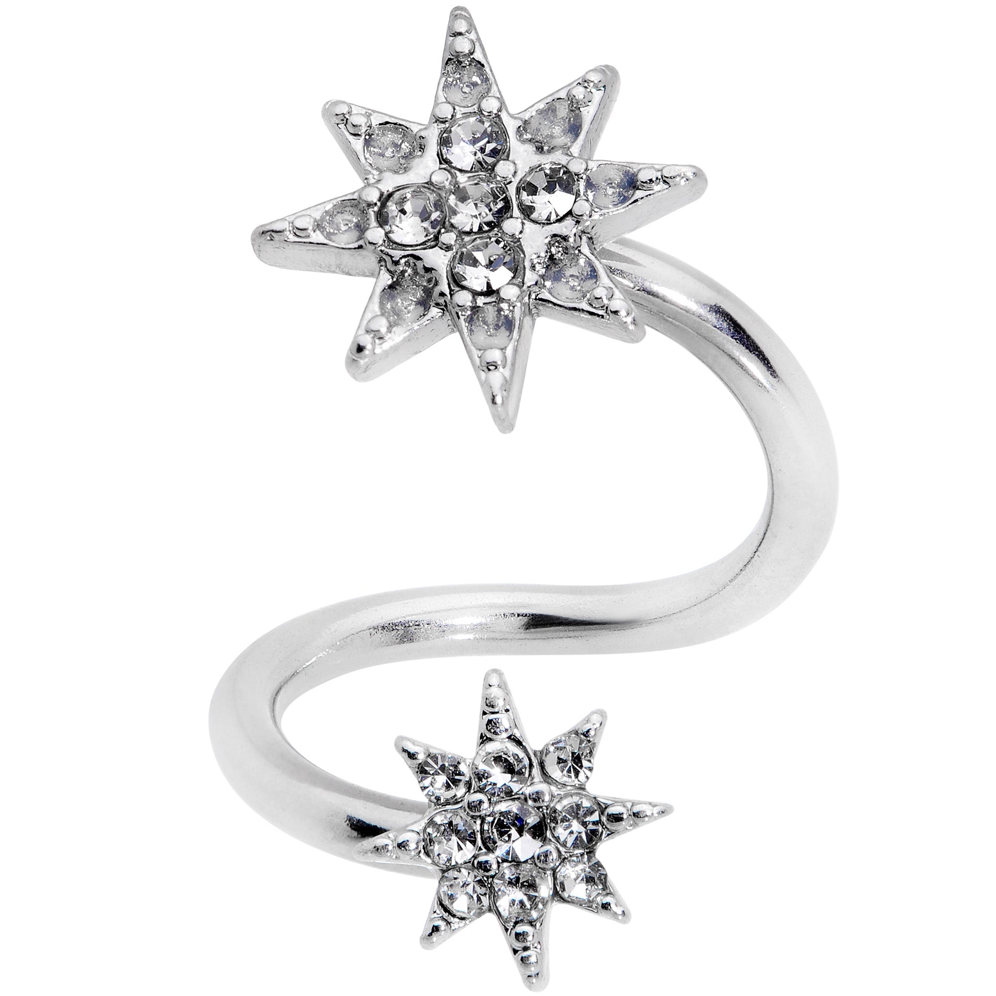 14G 3/8 Clear Gem Double Eight Pointed Star Twister Belly Ring