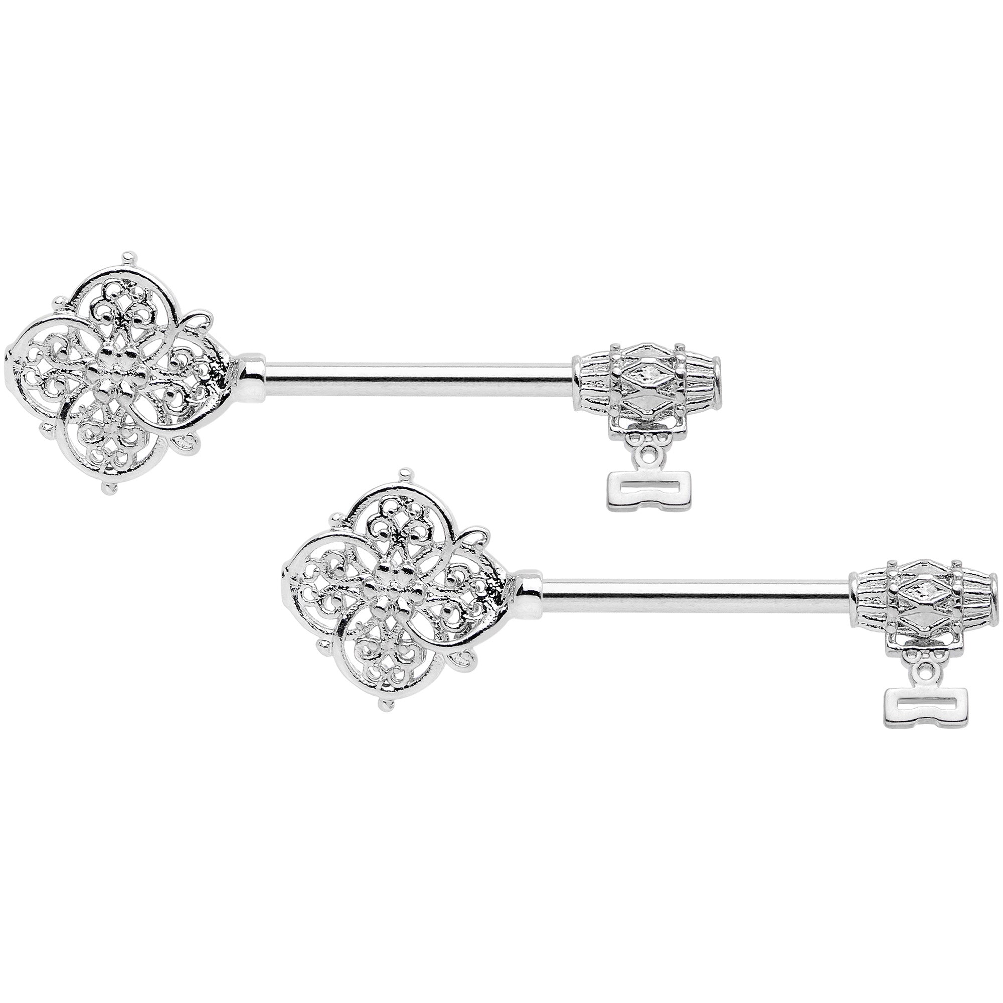 14G 9/16 Ornate Filigree Key Barbell Nipple Ring Set