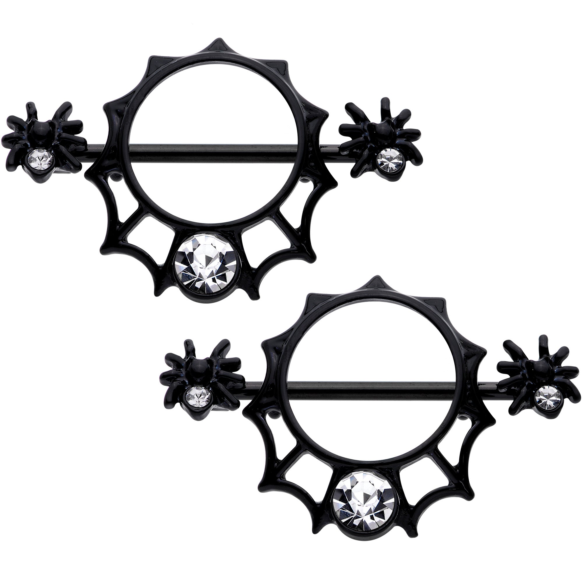 14G 9/16 Clear Gem Black Spider Web Nipple Shield Set