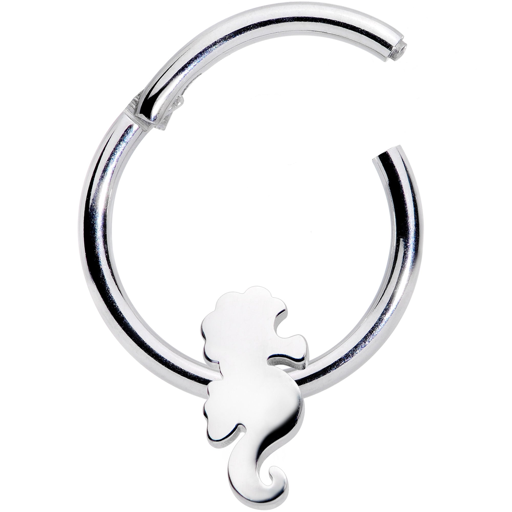 16G 3/8 Steel Nautical Seahorse Hinged Segment Ring