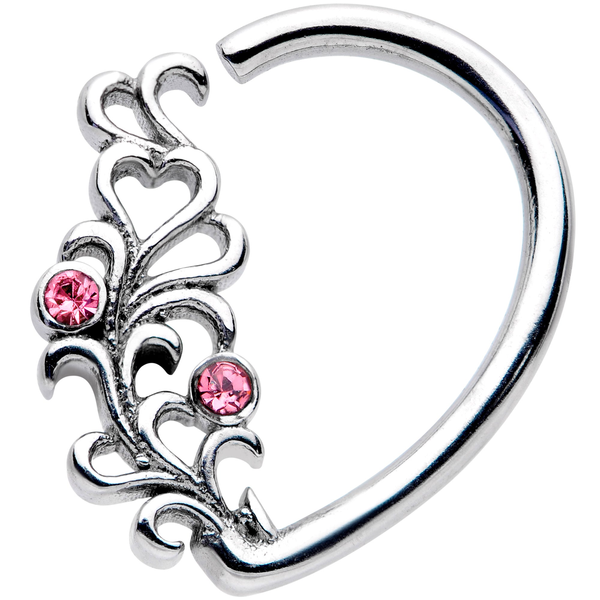 16G 3/8 Pink Gem Vine Half Heart Right Ear Closure Ring