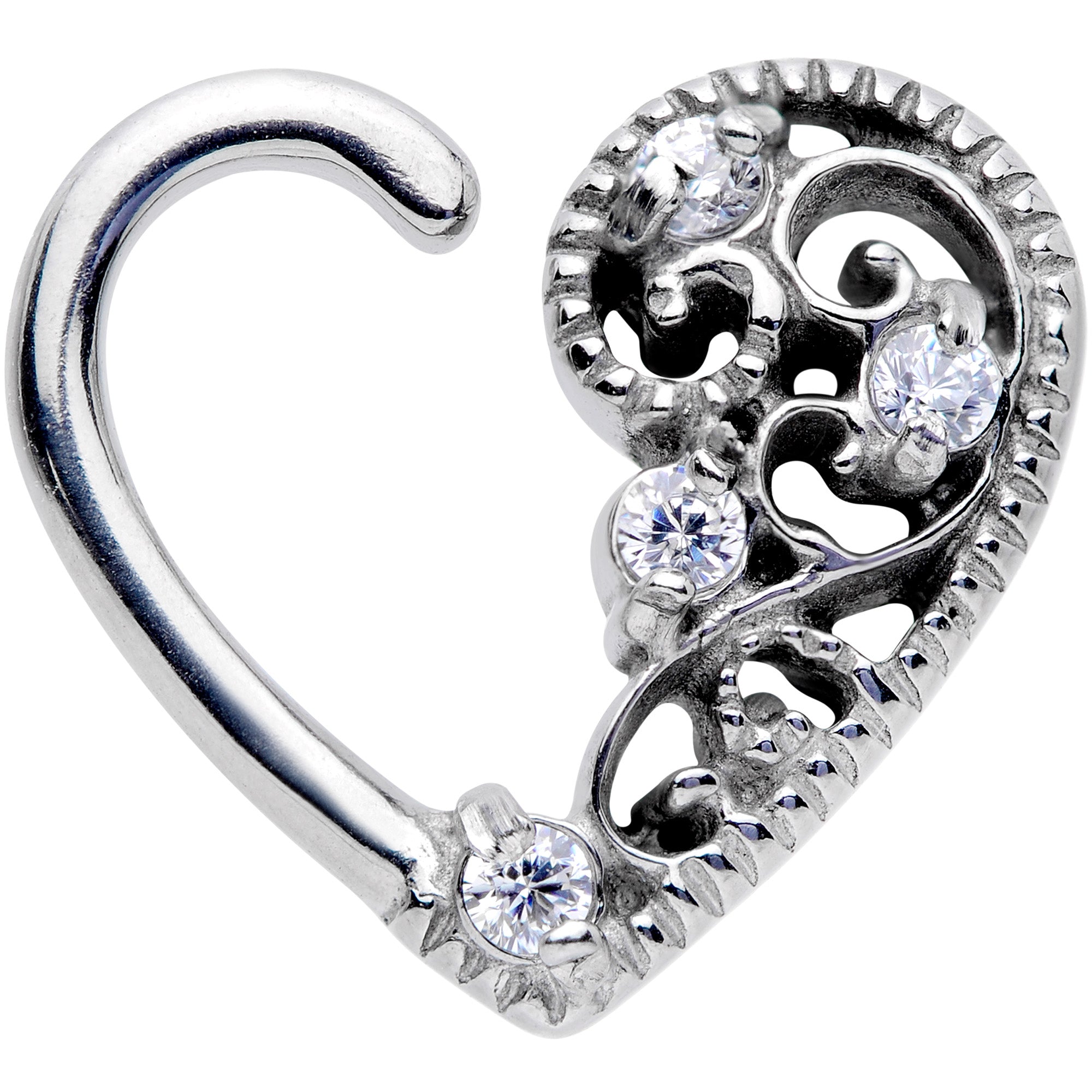 16G 3/8 Clear CZ Gem Art Deco Left Heart Closure Ring
