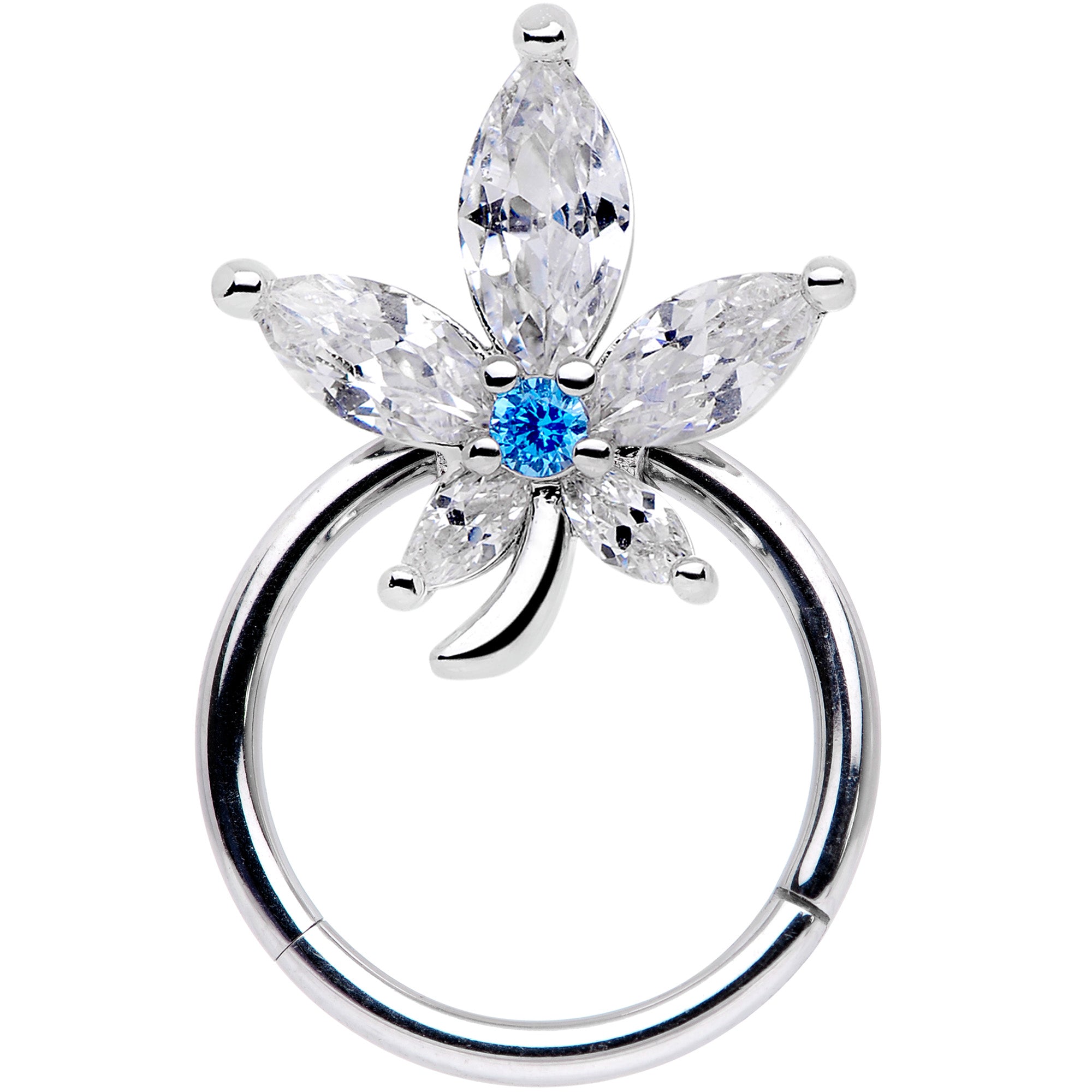 16G 3/8 Clear Blue CZ Gem Marijuana Leaf Hinged Segment Ring