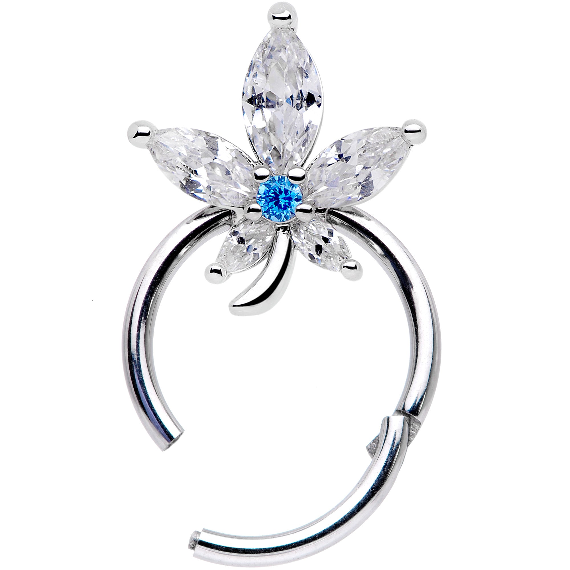 16G 3/8 Clear Blue CZ Gem Marijuana Leaf Hinged Segment Ring