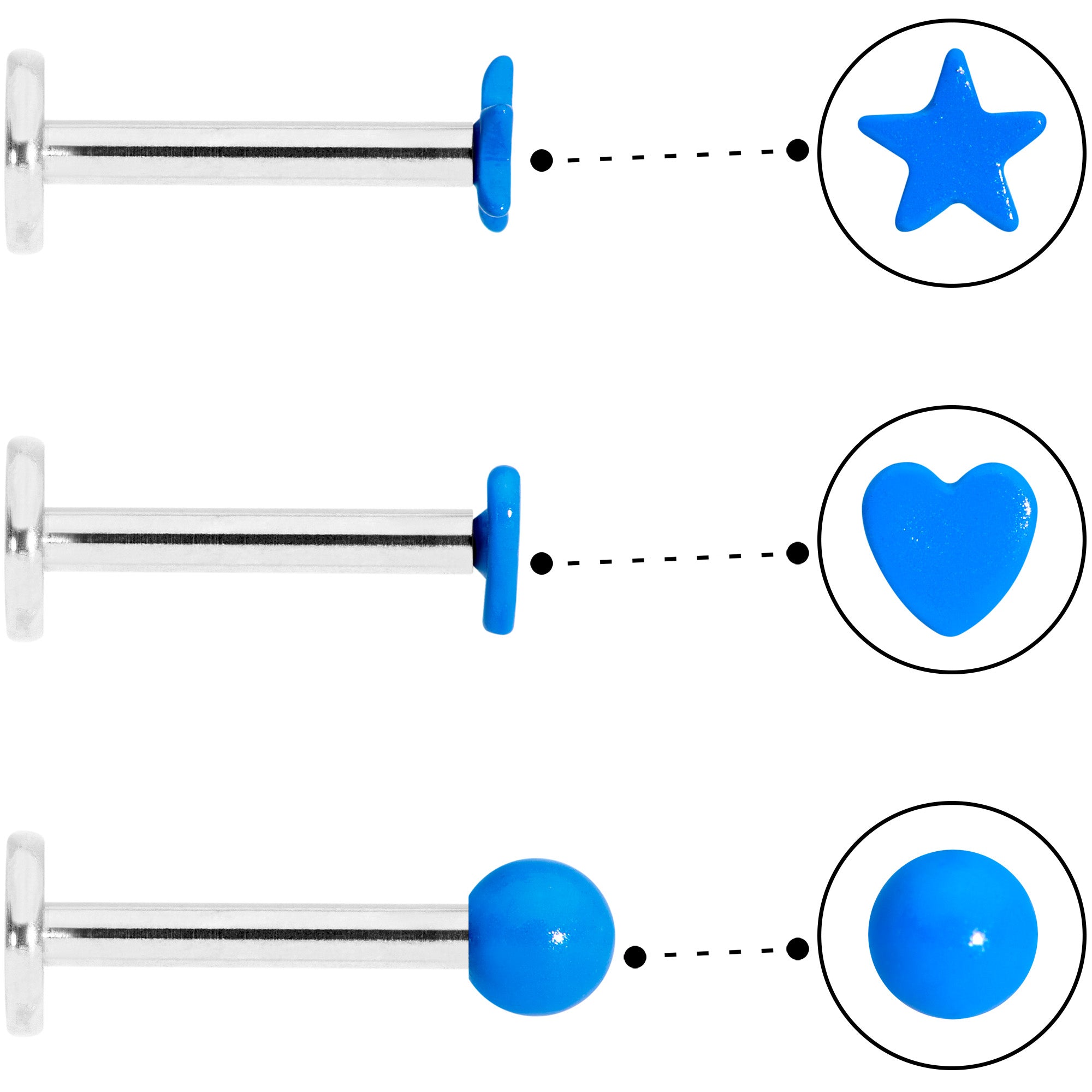 16G 5/16 Blue Glow Star Heart Labret Set of 3