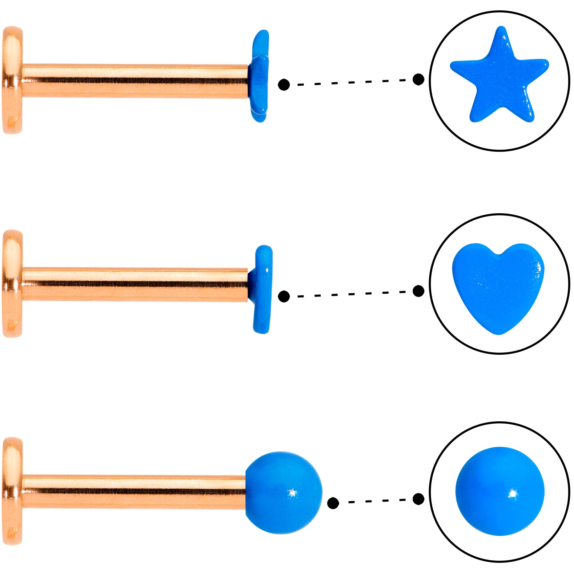 16G 5/16 Rose Gold Tone Blue Glow Star Heart Labret Set of 3