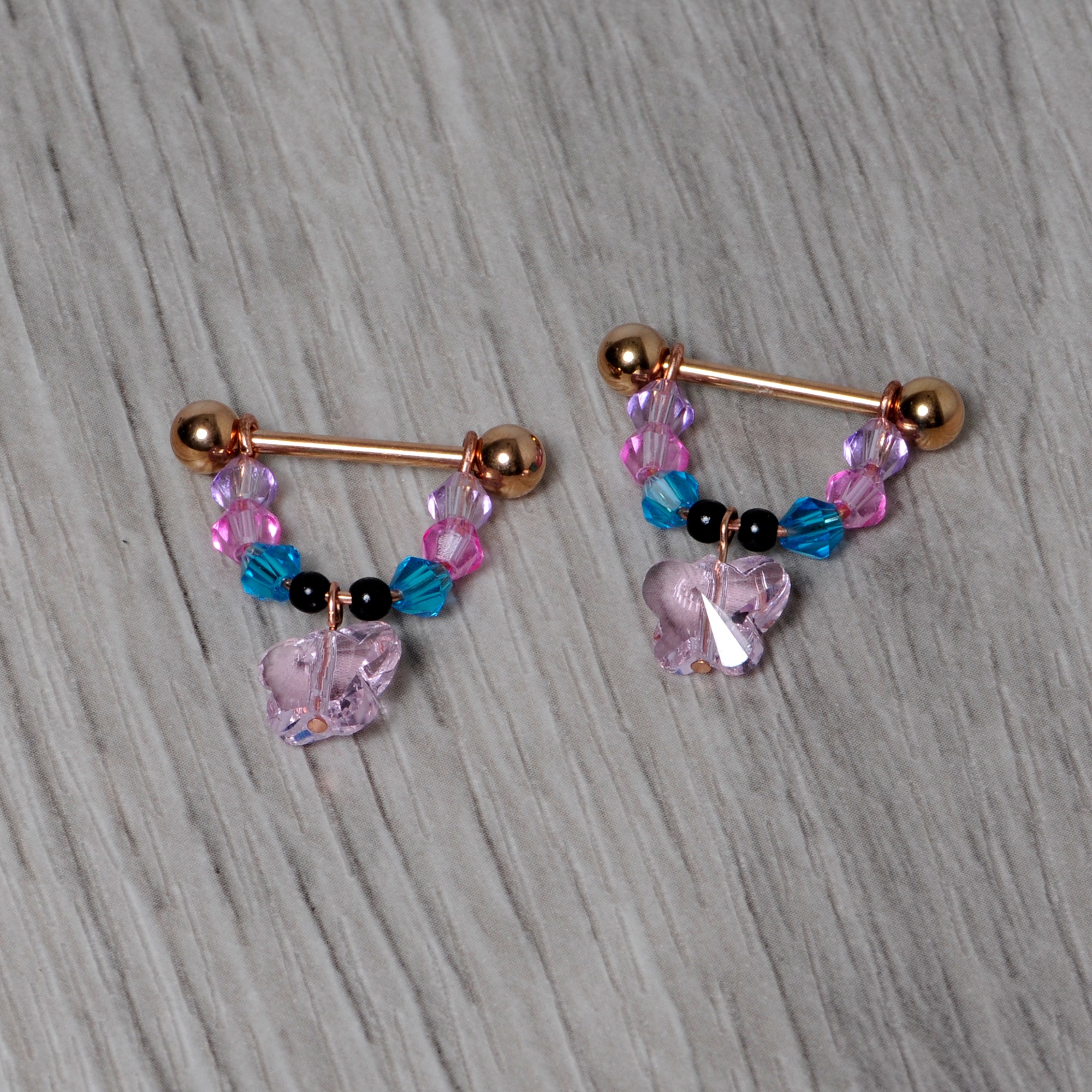 14G Pink Gem Rose Gold Tone Butterfly Dangle Nipple Ring Set