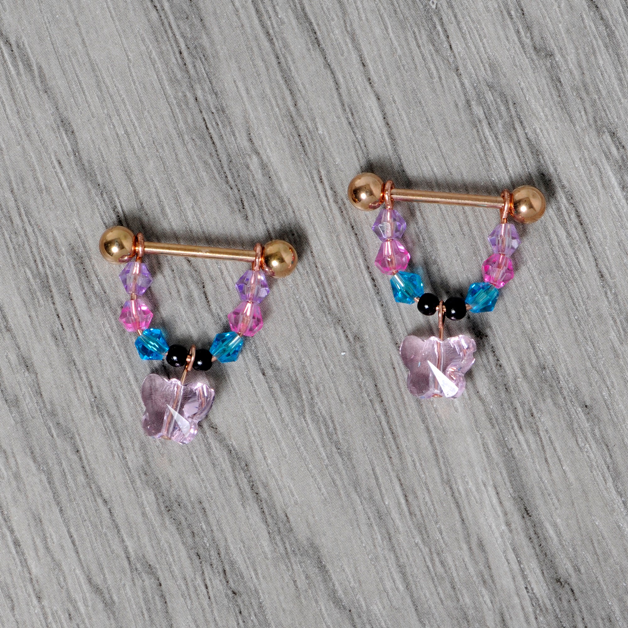 14G Pink Gem Rose Gold Tone Butterfly Dangle Nipple Ring Set