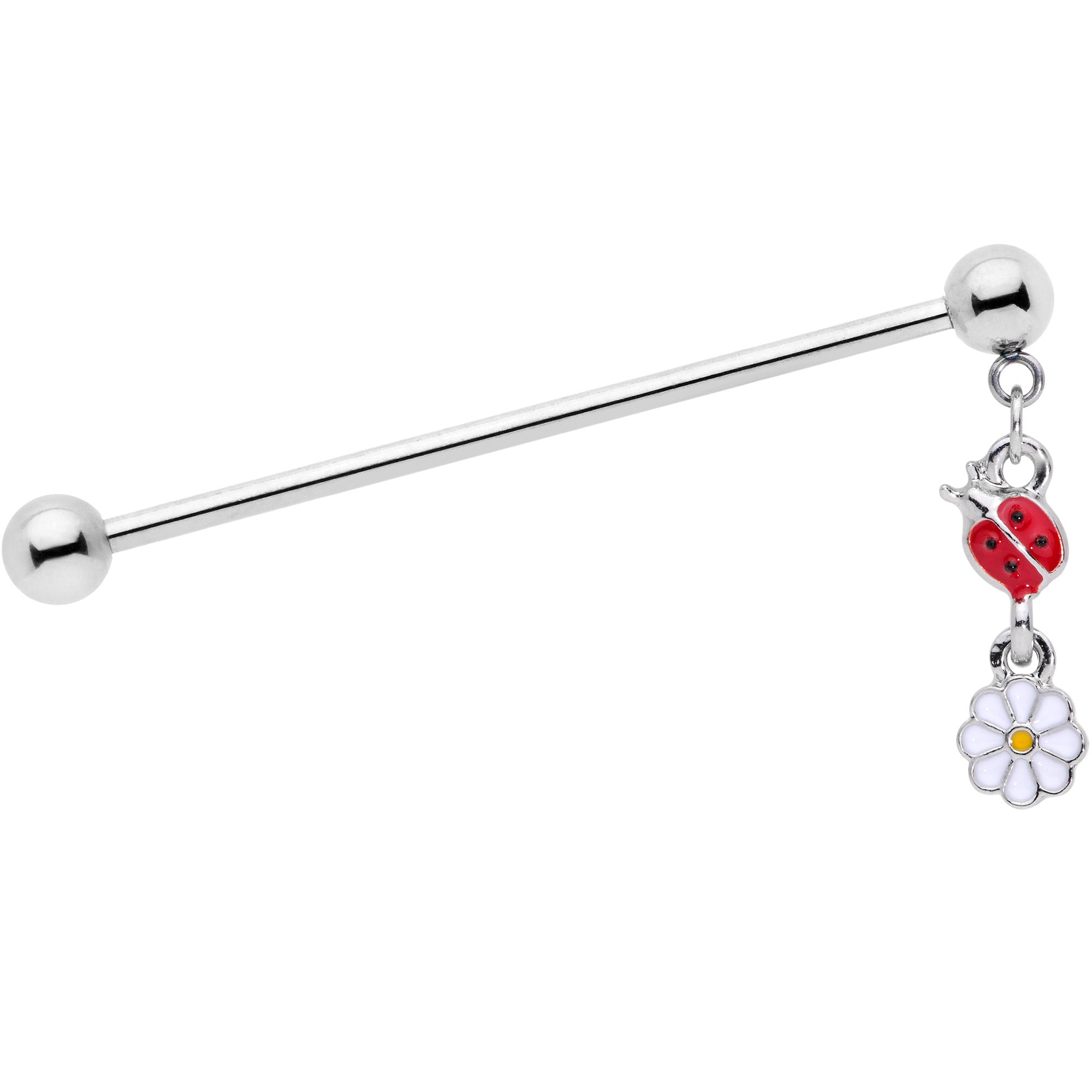 14G Red White Ladybug Flower Dangle Industrial Barbell 38mm