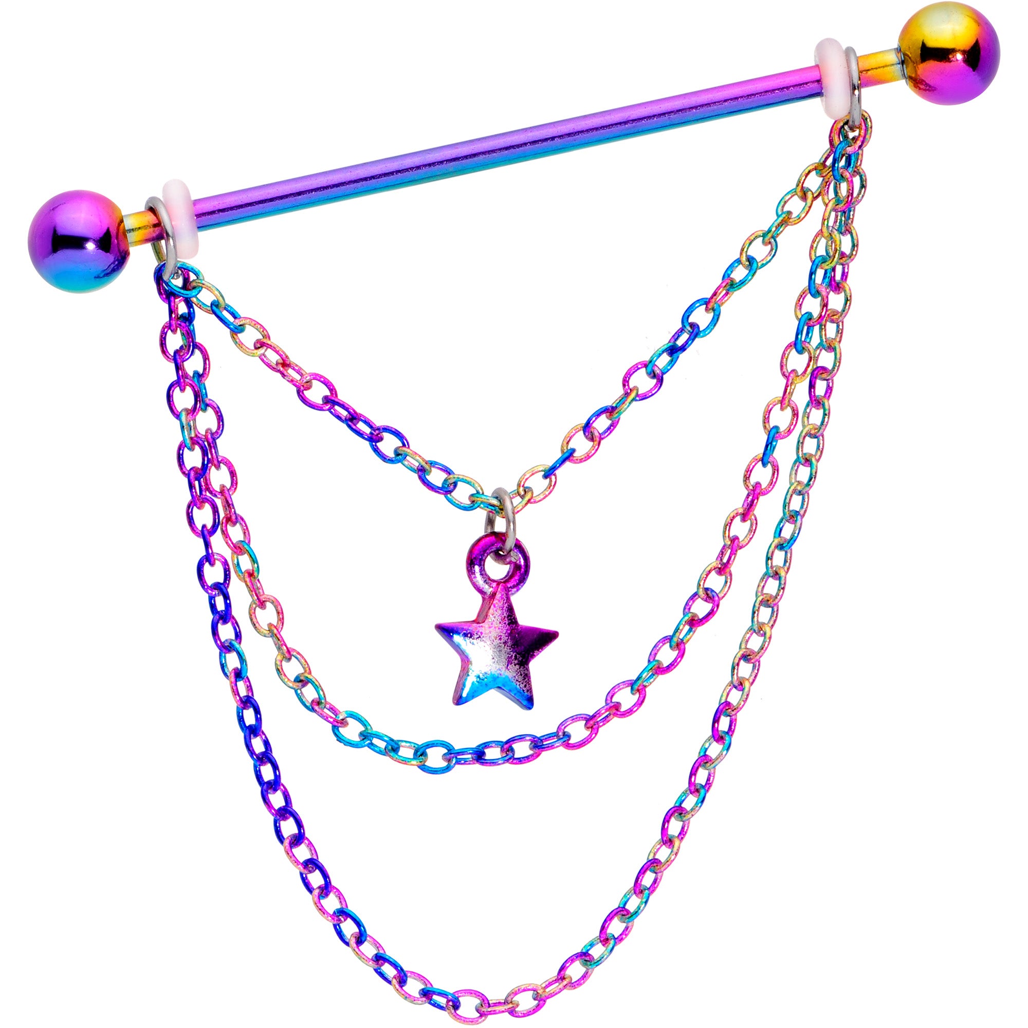 14G Rainbow Star Triple Chain Dangle Industrial Barbell 38mm