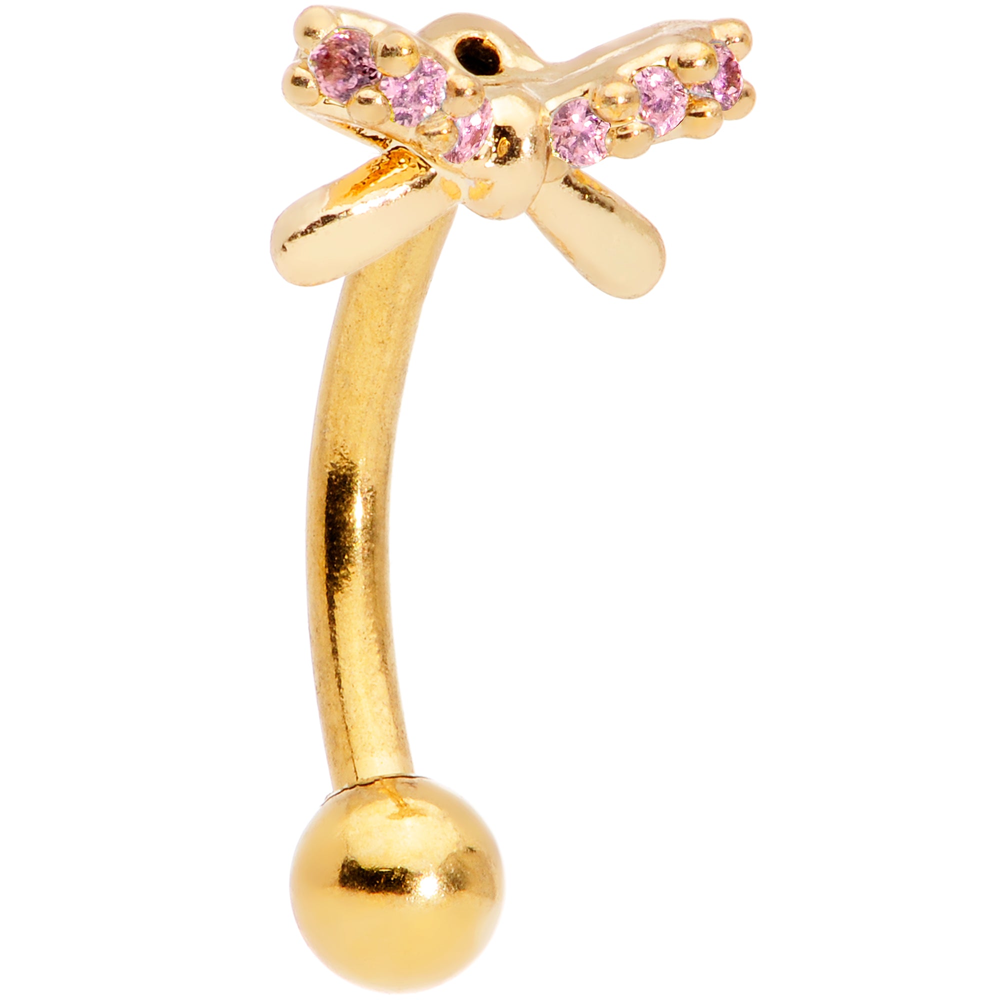 16G 5/16 Pink Gem Gold Tone Ribbon Bow Curved Eyebrow Ring