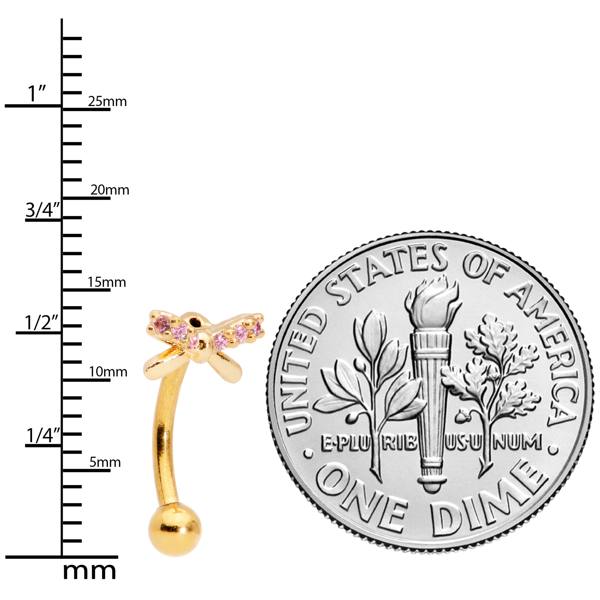 16G 5/16 Pink Gem Gold Tone Ribbon Bow Curved Eyebrow Ring