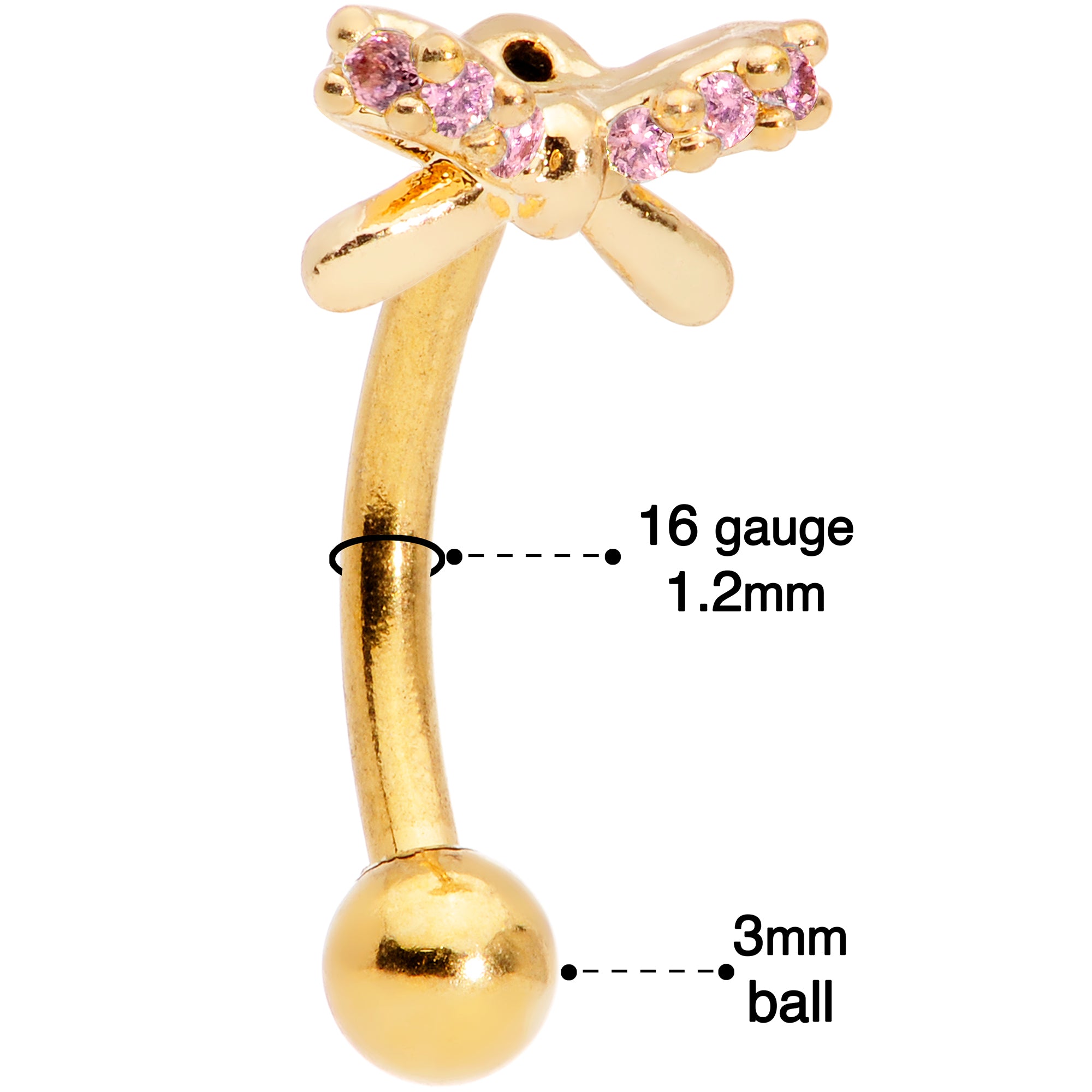 16G 5/16 Pink Gem Gold Tone Ribbon Bow Curved Eyebrow Ring
