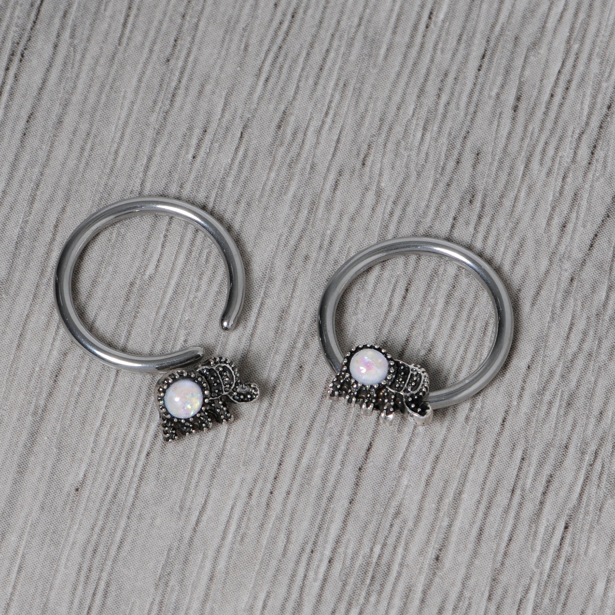14G 1/2 White Faux Opal Elephant BCR Captive Nipple Ring Set