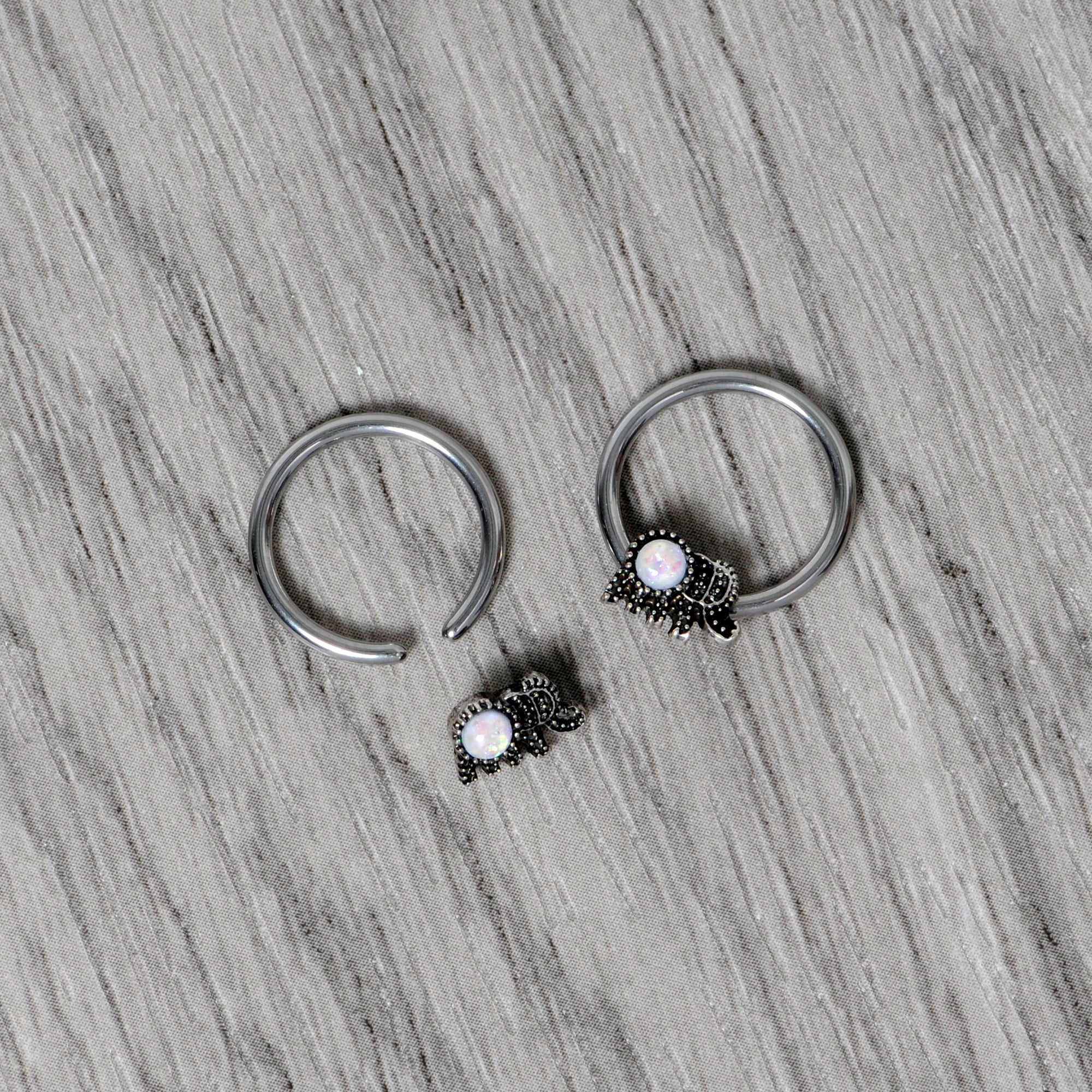 14G 1/2 White Faux Opal Elephant BCR Captive Nipple Ring Set