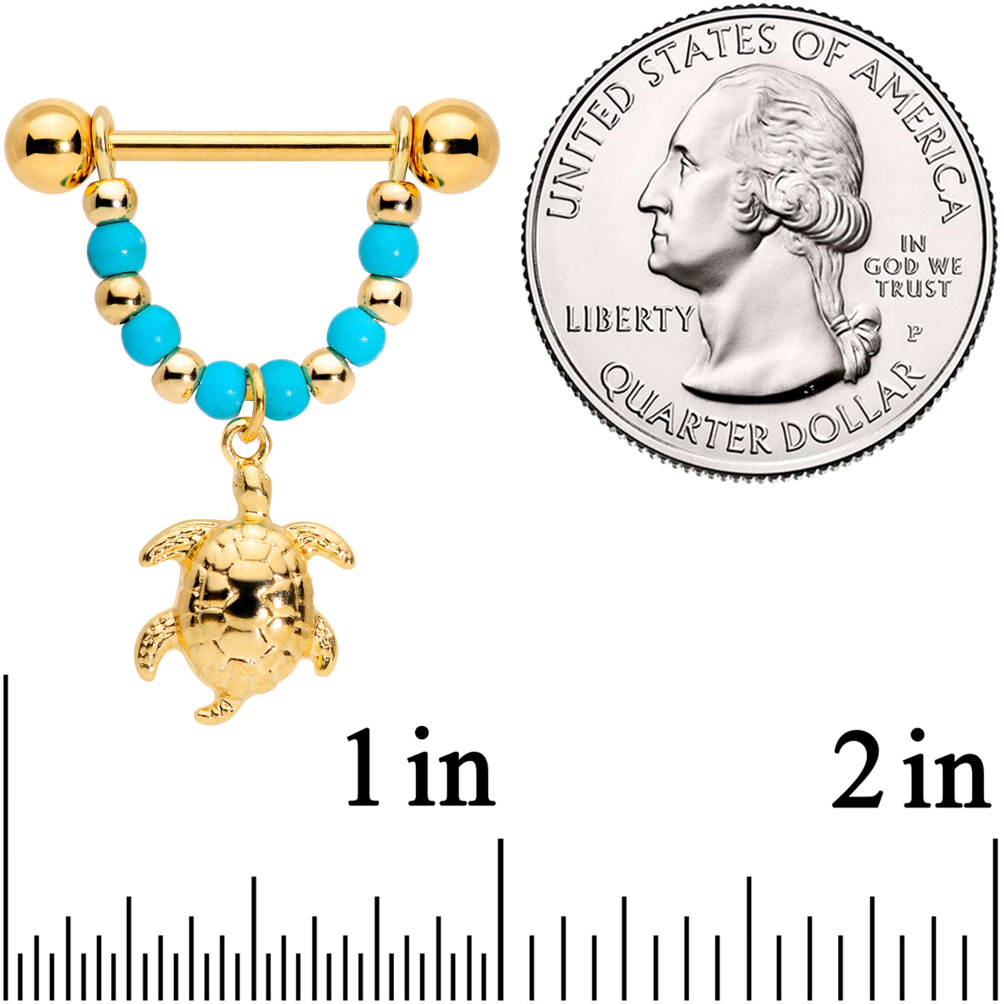 14G 5/8 Faux Turquoise Gold Tone Sea Turtle Dangle Nipple Ring Set
