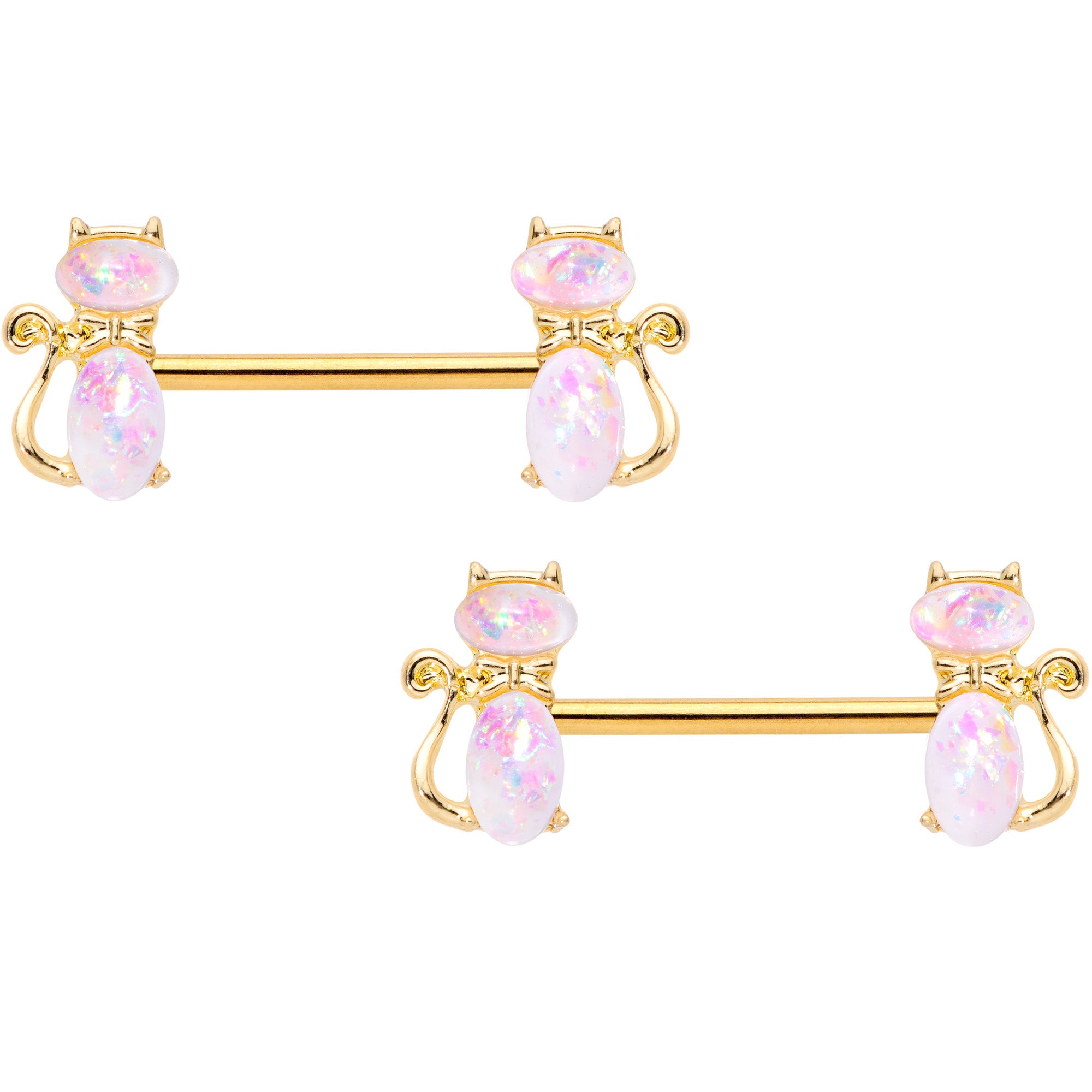 14G 9/16 White Faux Opal Gold Tone Cat Barbell Nipple Ring Set