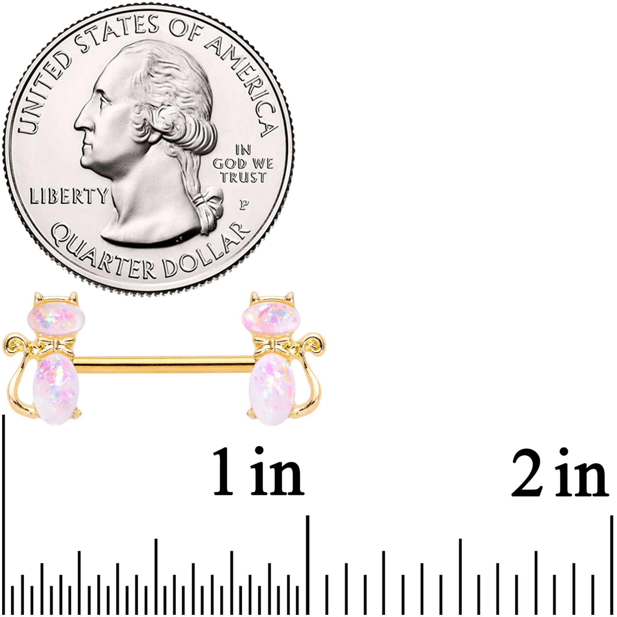 14G 9/16 White Faux Opal Gold Tone Cat Barbell Nipple Ring Set