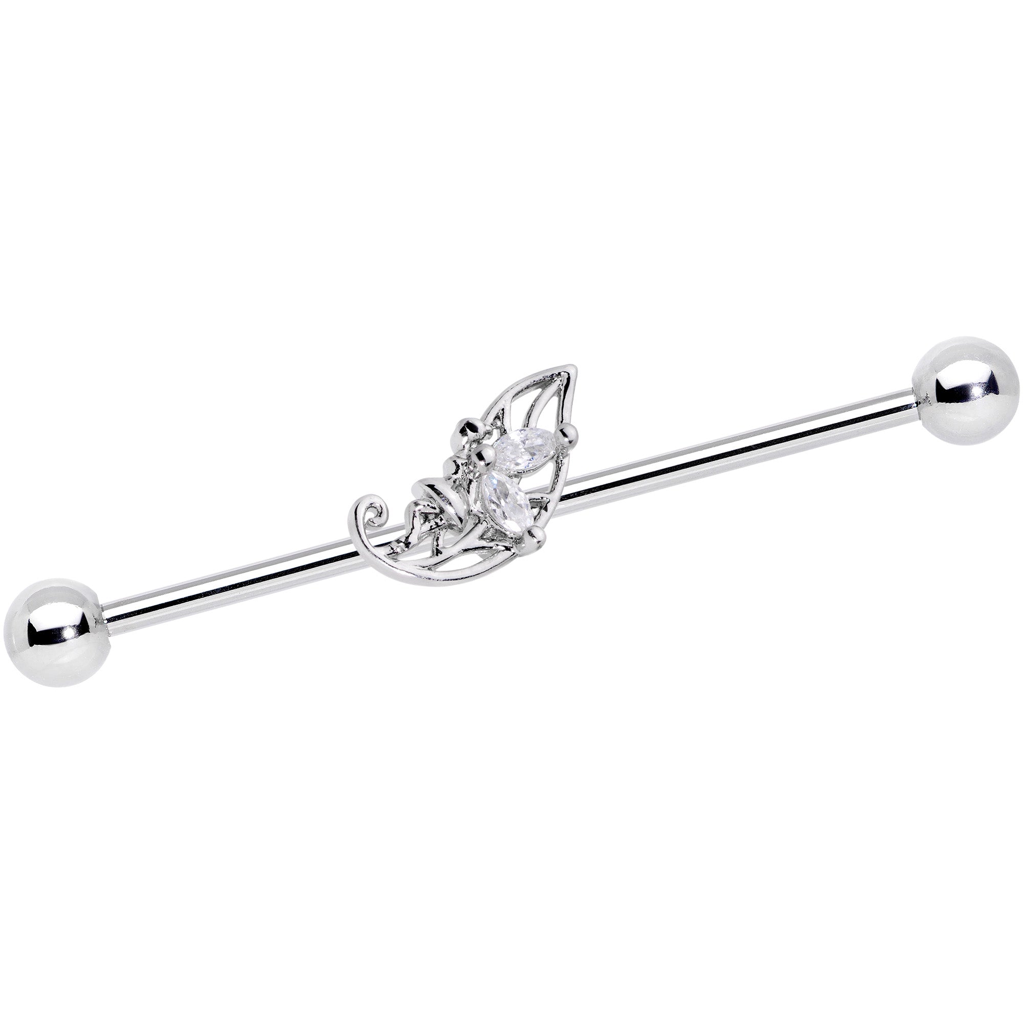 14G Clear CZ Gem Fairy Leaf Industrial Barbell 38mm