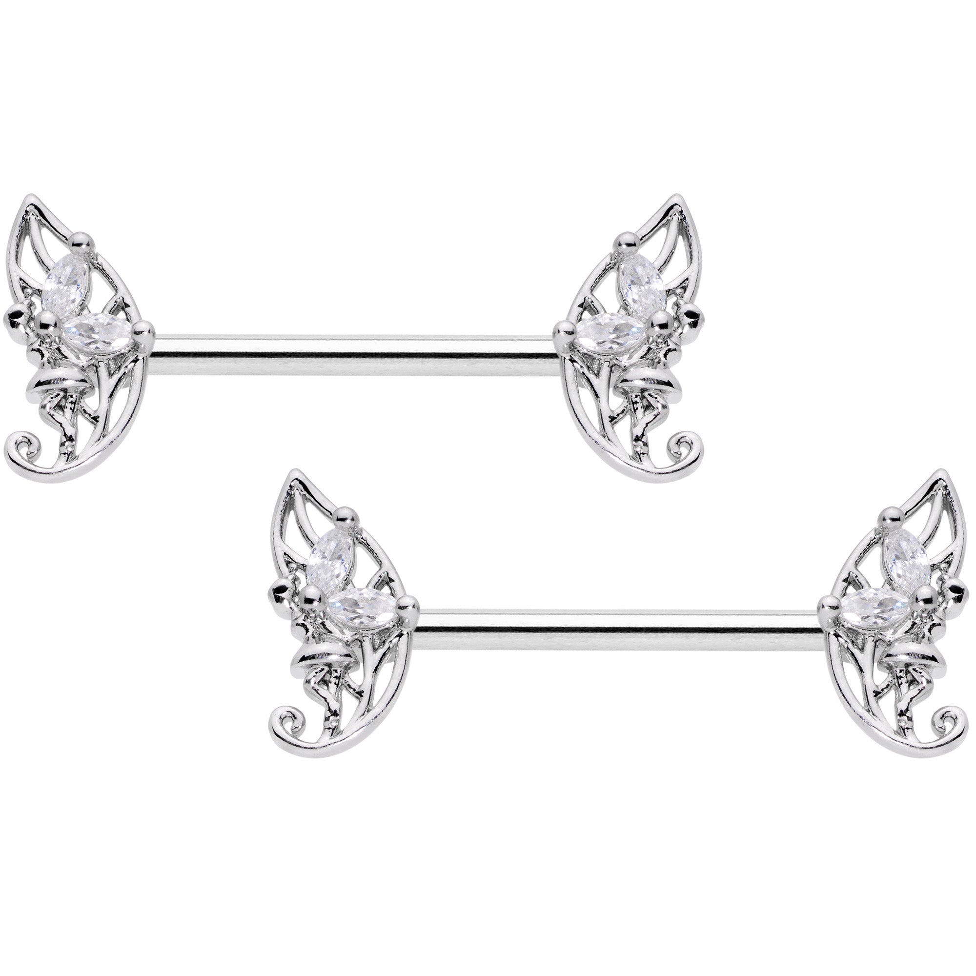 14G 9/16 Clear CZ Gem Fairy Leaf Barbell Nipple Ring Set