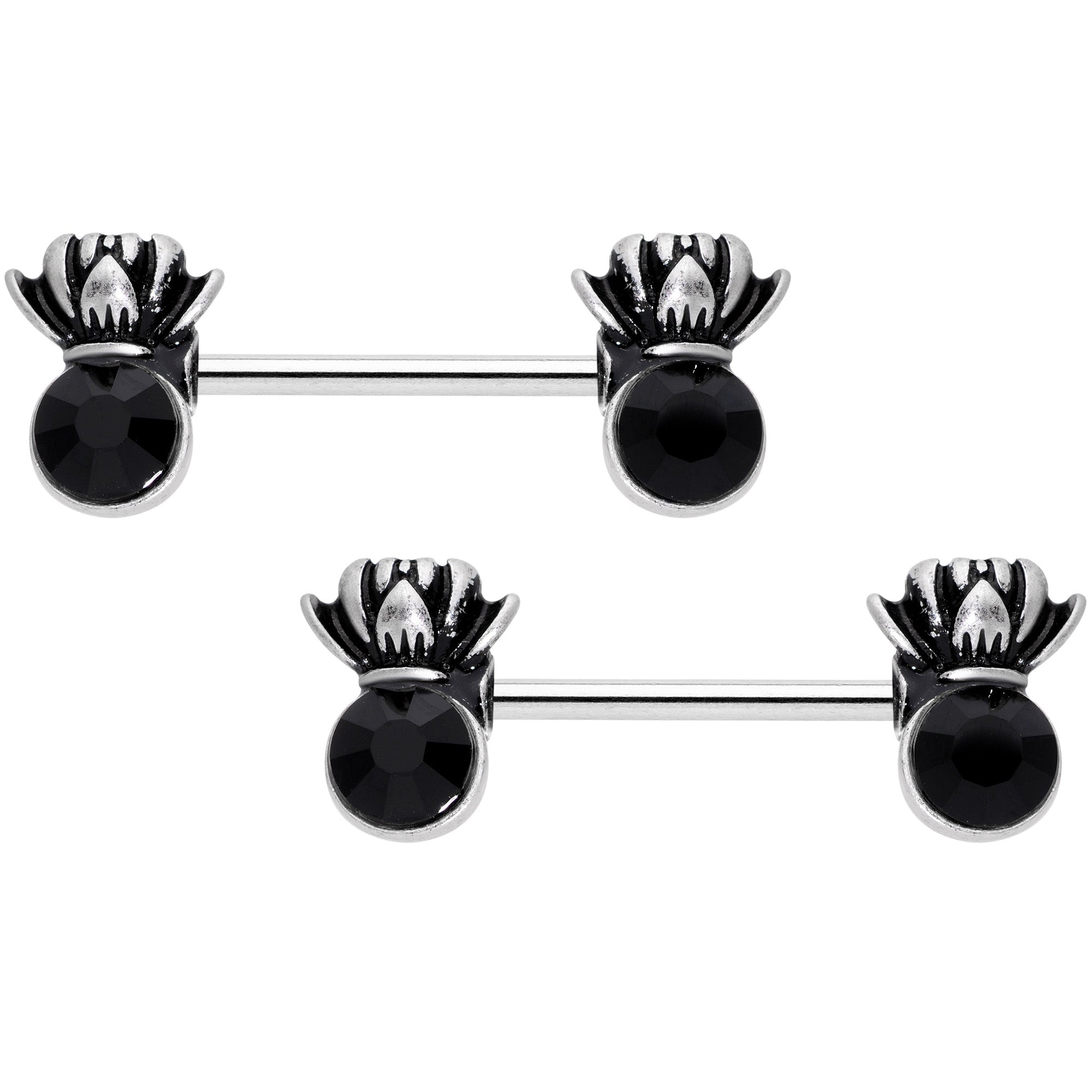 14G 9/16 Black CZ Gem Lotus Flower Crown Barbell Nipple Ring Set