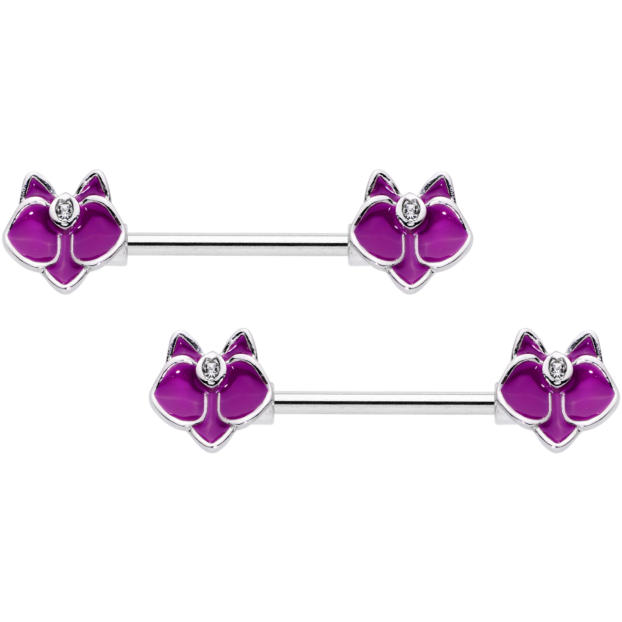 14G 9/16 Clear Gem Purple Orchid Flower Barbell Nipple Ring Set