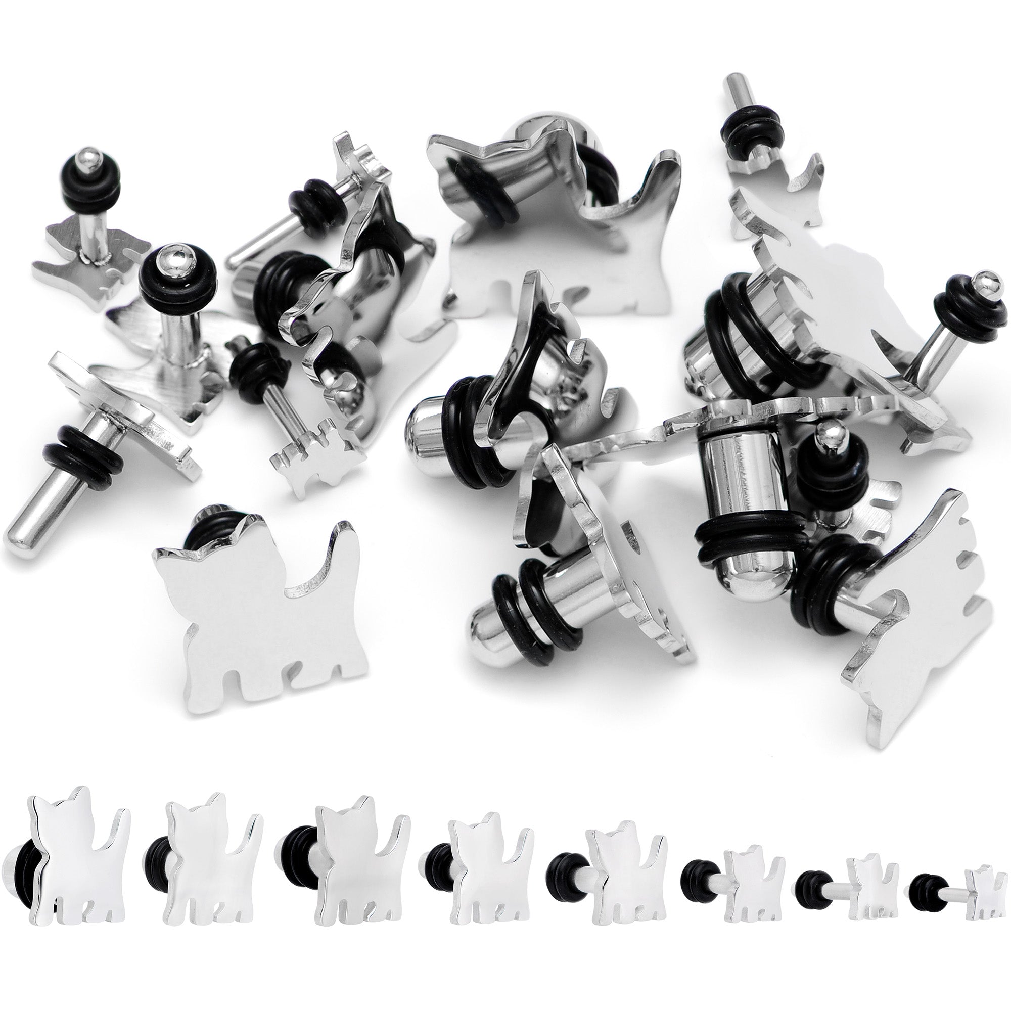 Steel Cat Lover Kitty Cat Single Flare Plug Set 14G to 0G