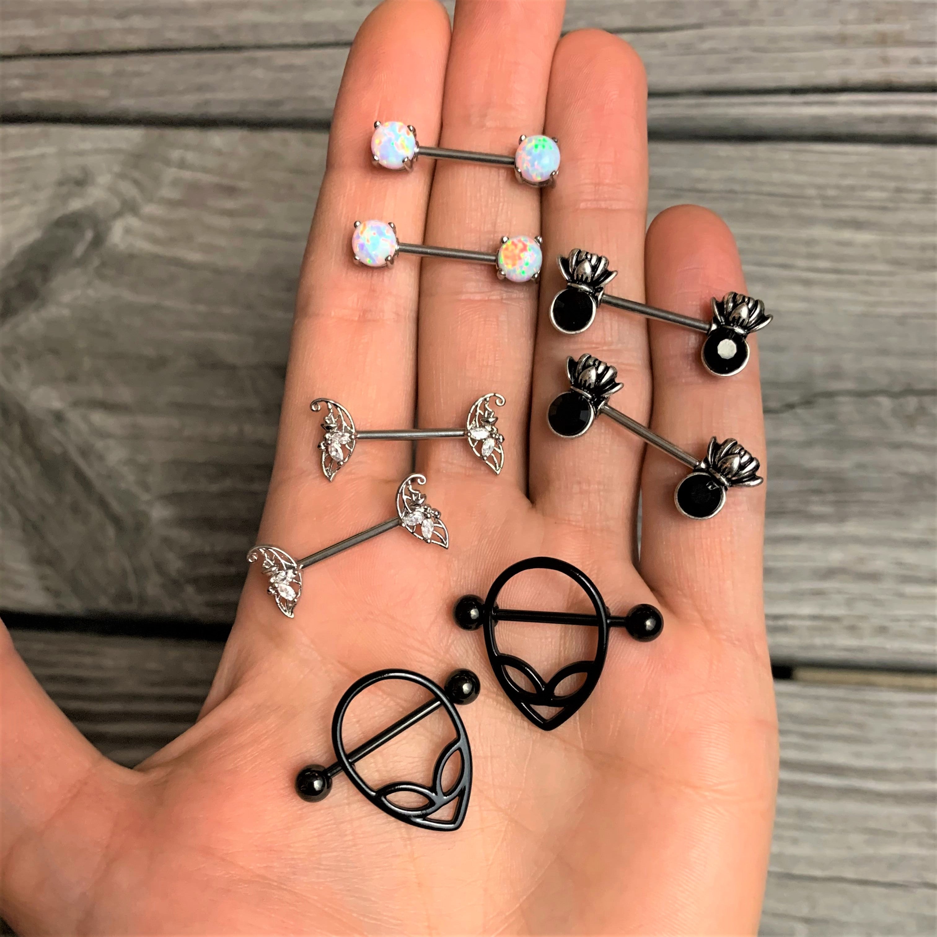 14G 9/16 Black CZ Gem Lotus Flower Crown Barbell Nipple Ring Set