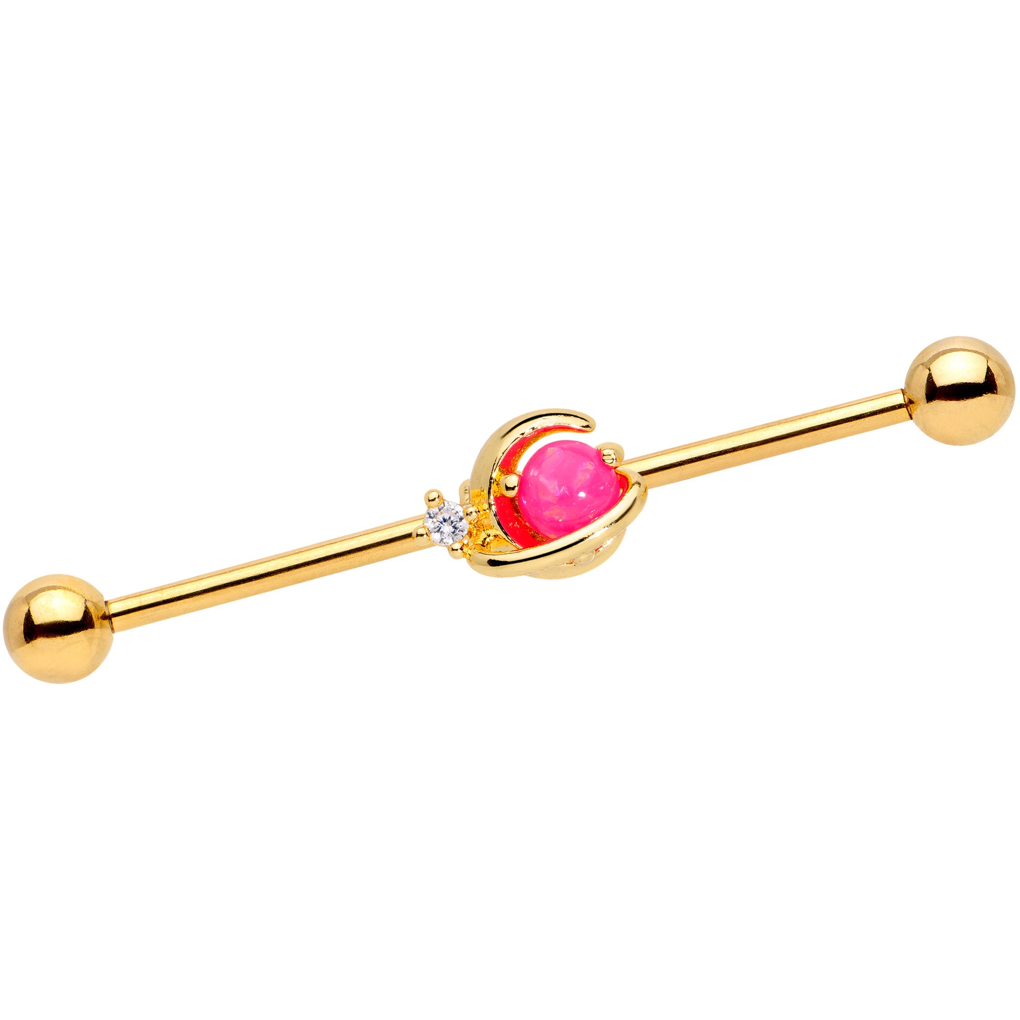 14G Clear CZ Gem Gold Tone Pink Moon Industrial Barbell 38mm