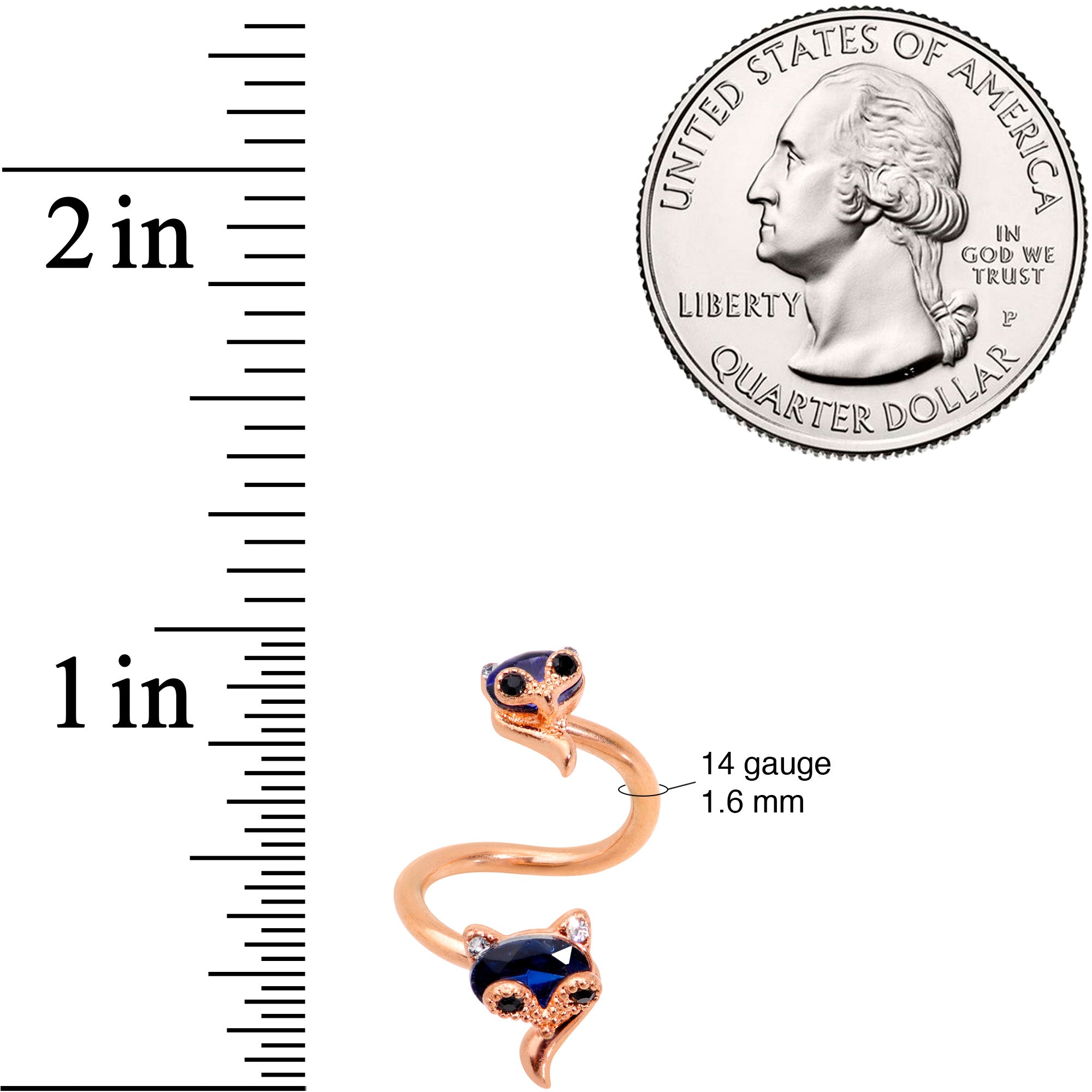 14G 1/2 Blue Gem Rose Gold Tone Animal Fox Spiral Twister Belly Ring