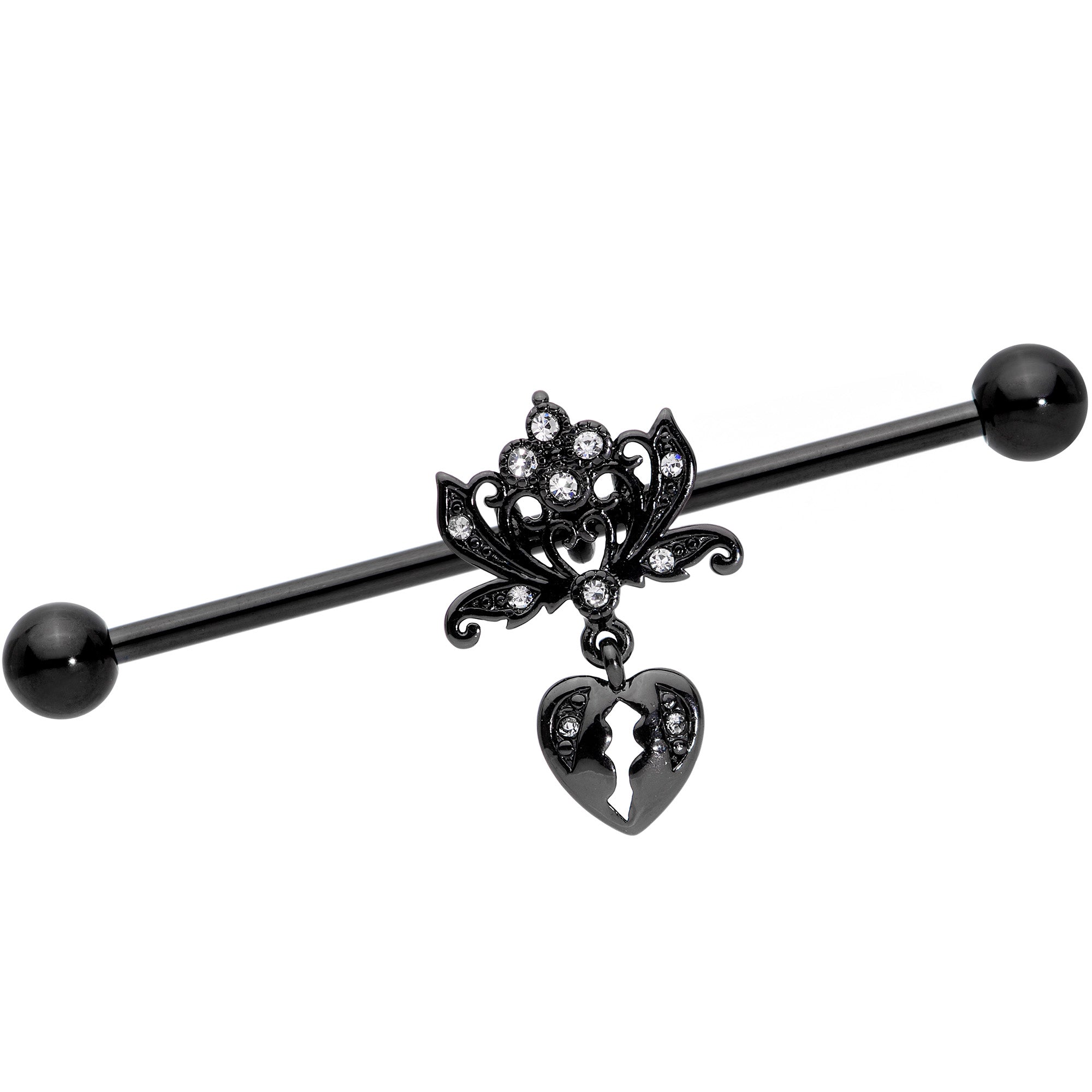 14G Clear Gem Black Heart Lock Lotus Flower Industrial Barbell 38mm