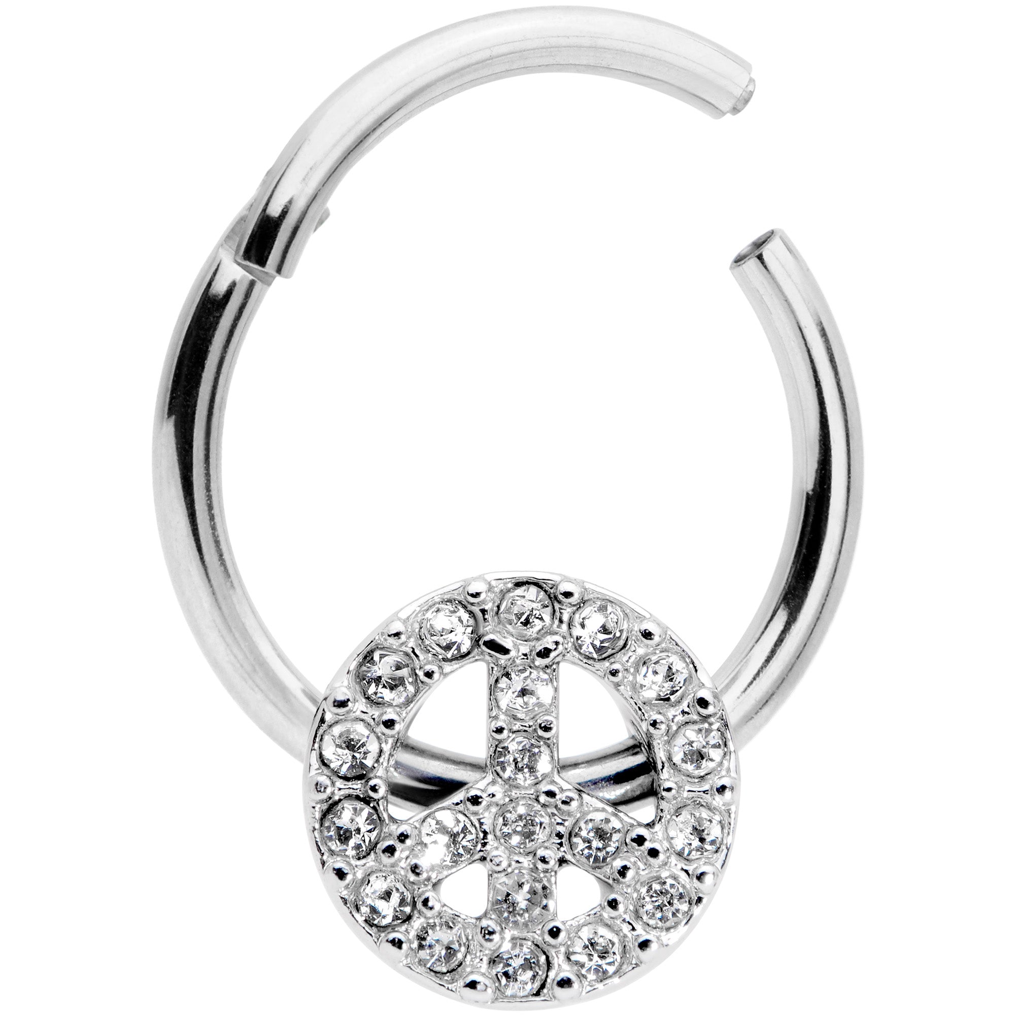 16G 3/8 Clear Gem Retro Peace Sign Hinged Segment Ring