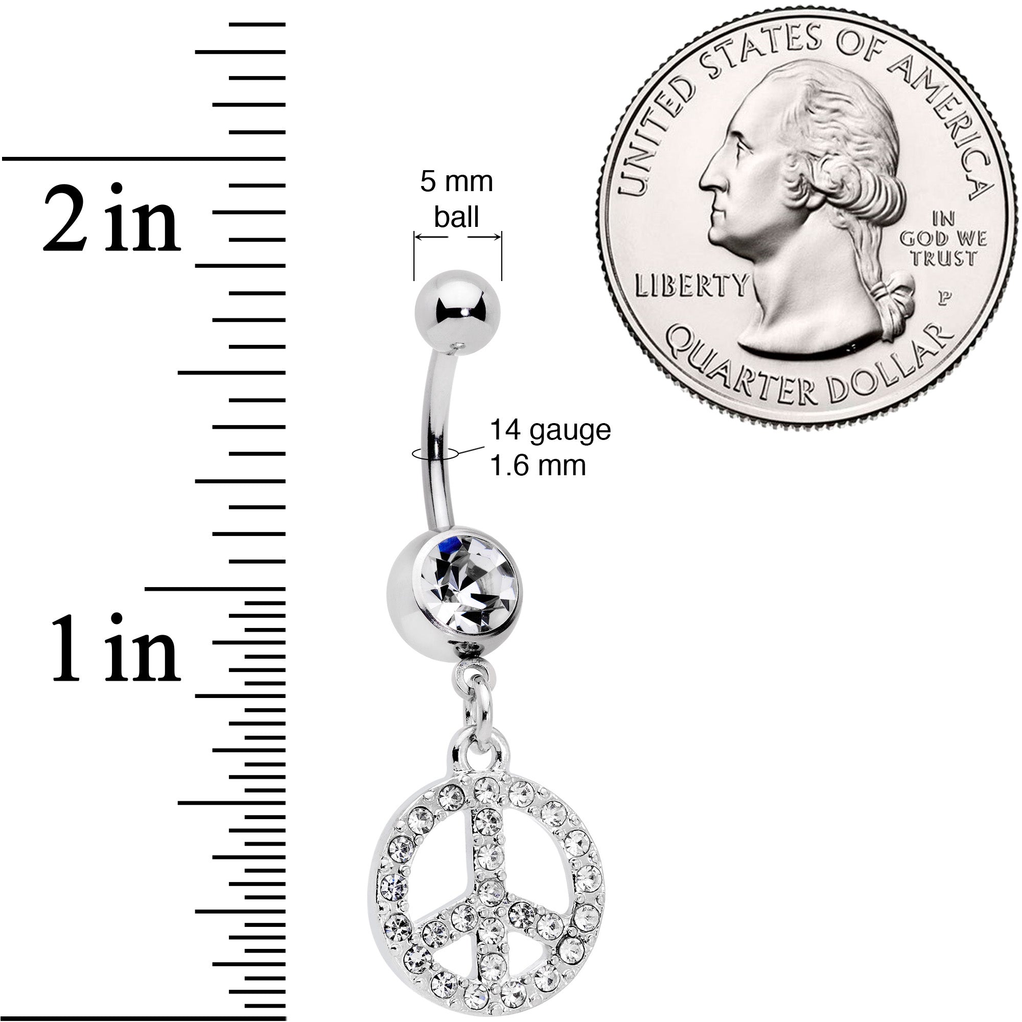 Clear Gem Peace Sign Dangle Belly Ring