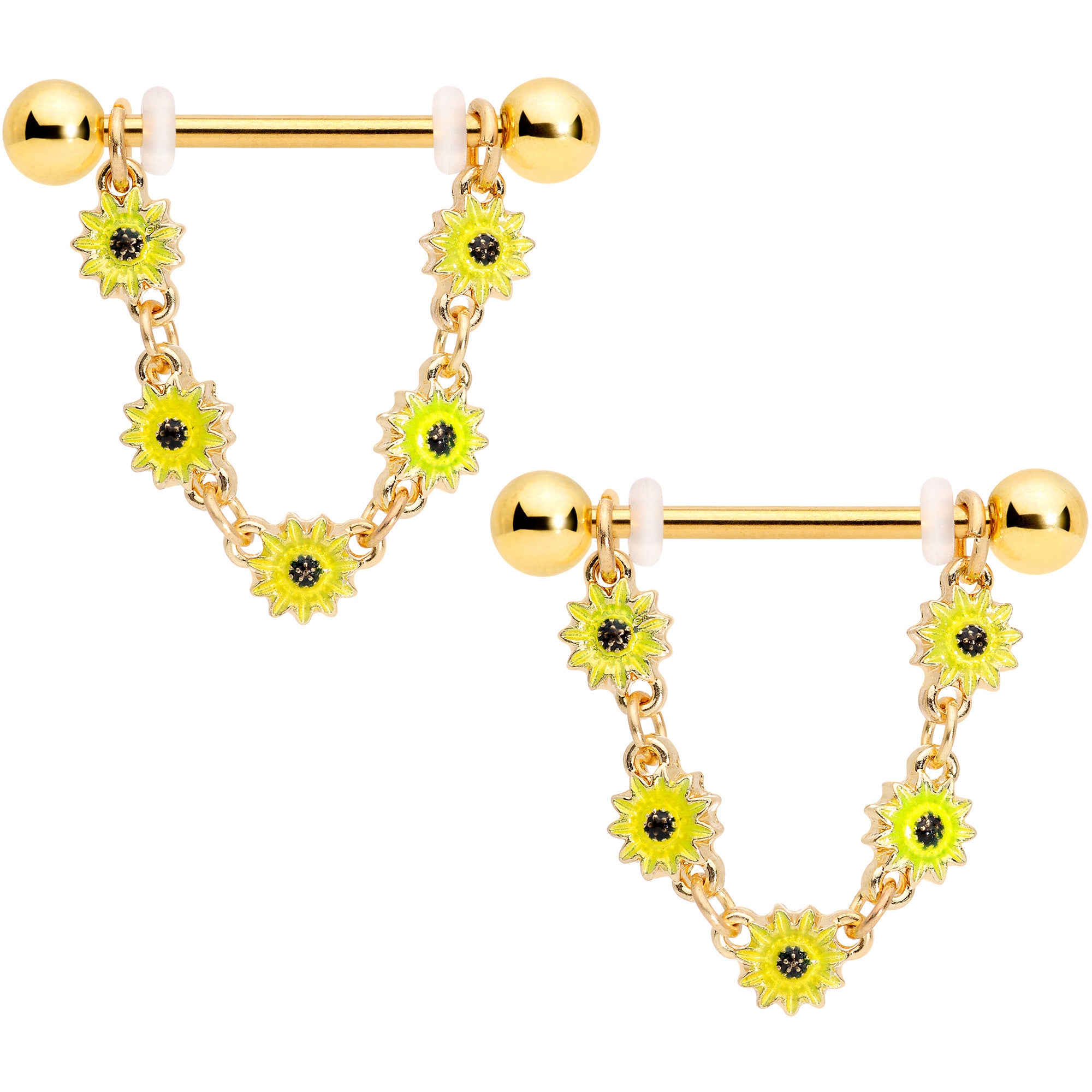 14G 3/4 Gold Tone Yellow Sunflower Dangle Nipple Ring Set