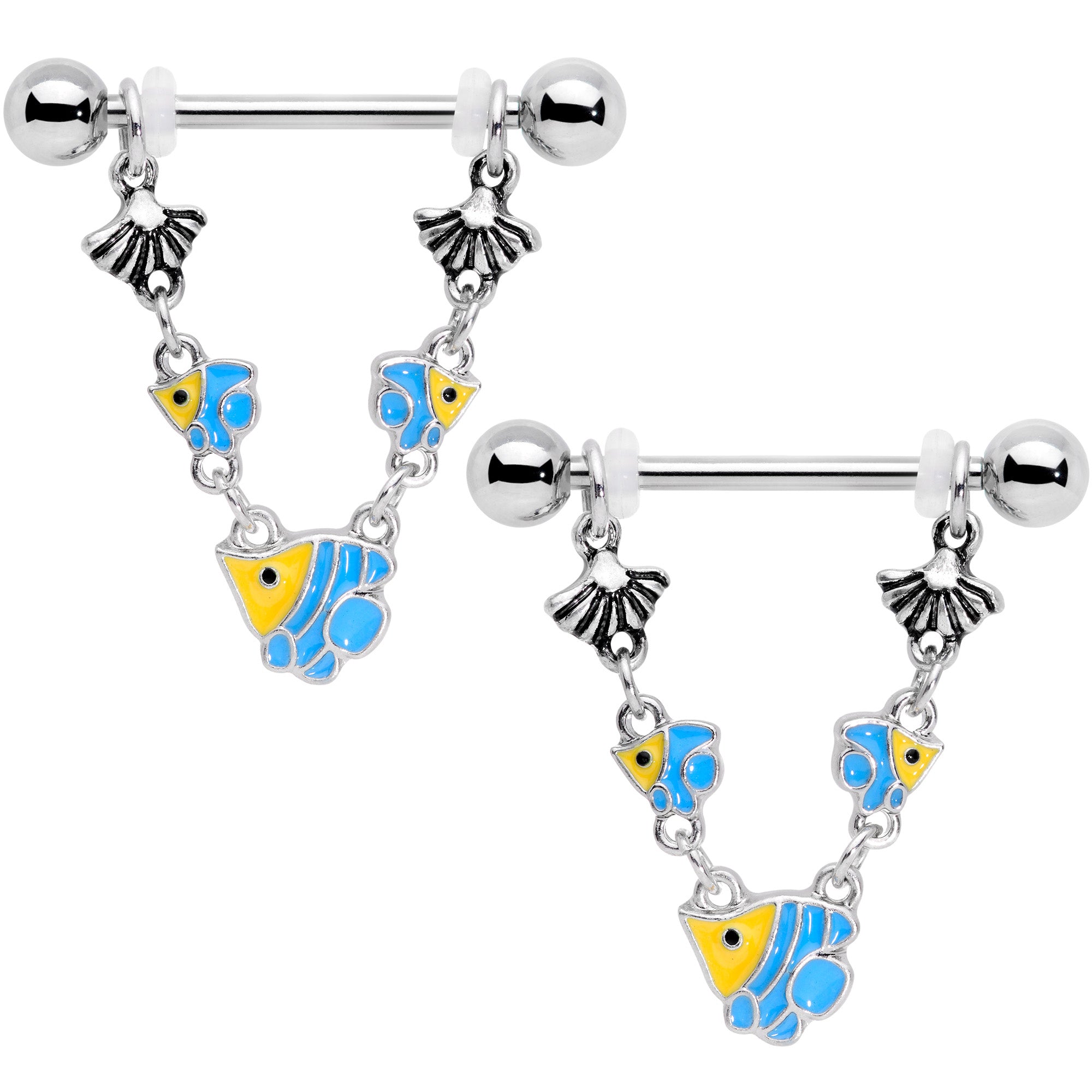 14G 13/16 Blue Yellow Fish Shell Nautical Dangle Nipple Ring Set