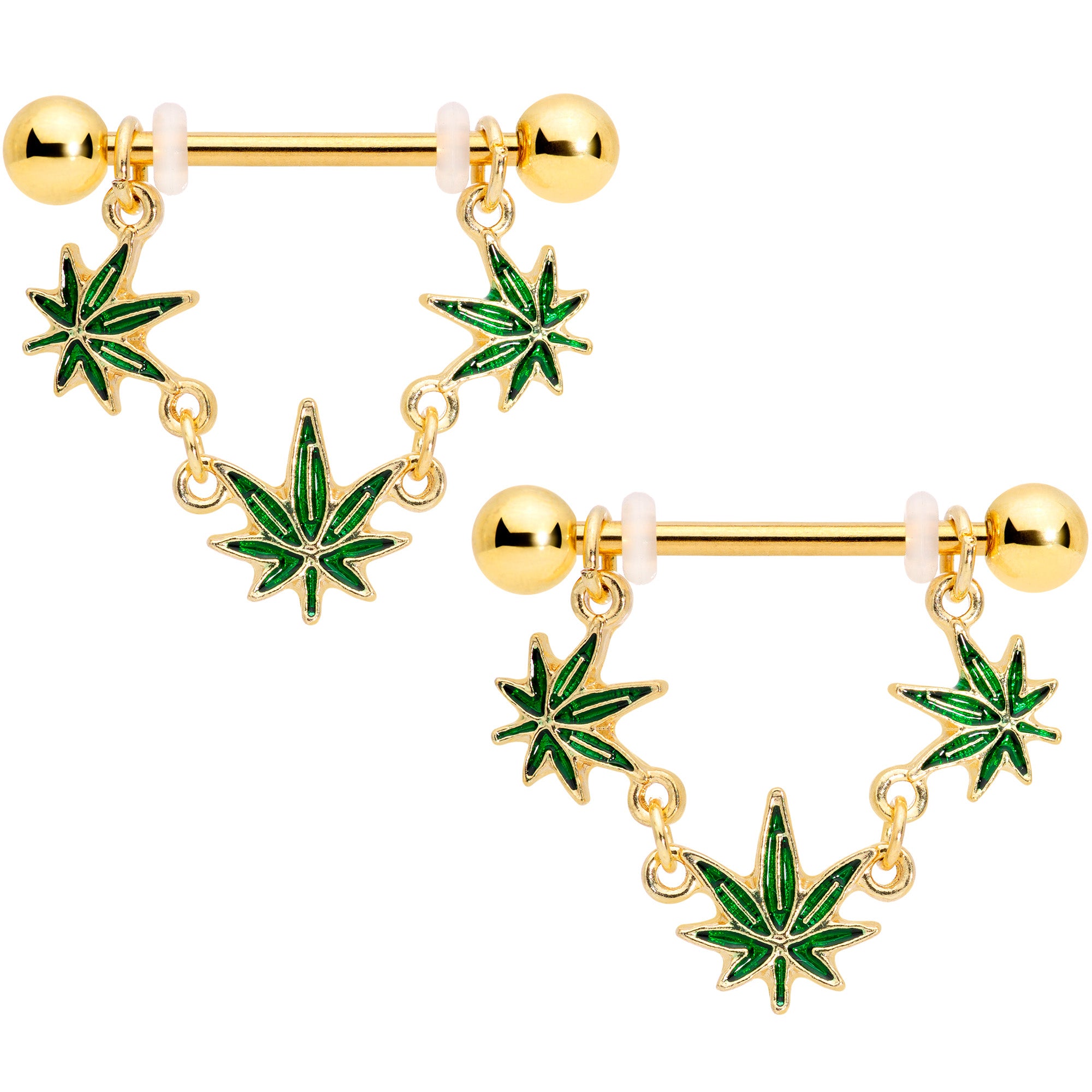14G 3/4 Green Gold Tone Weed Pot Leaf Dangle Nipple Ring Set