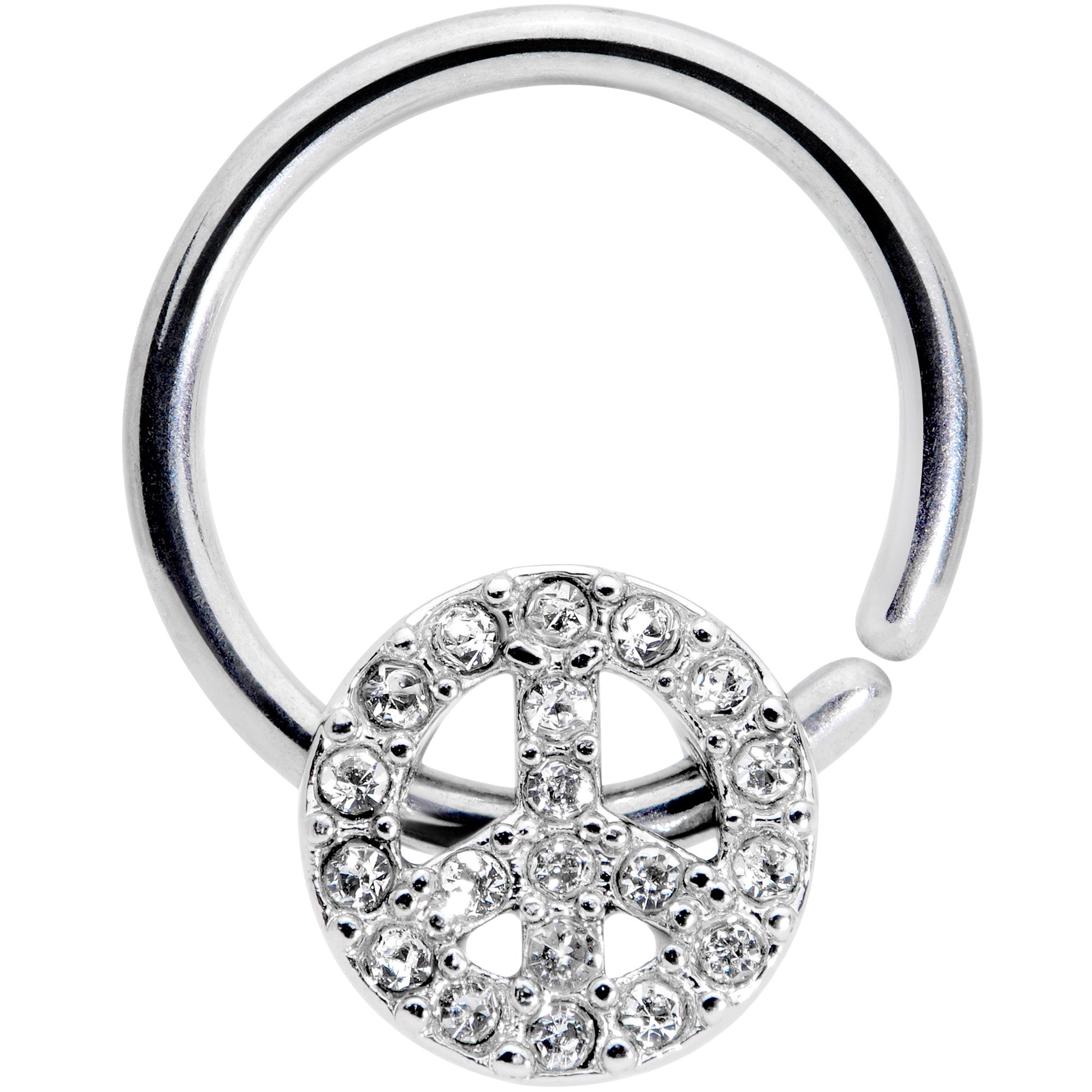16G 3/8 Clear Gem Retro Peace Sign Closure Ring