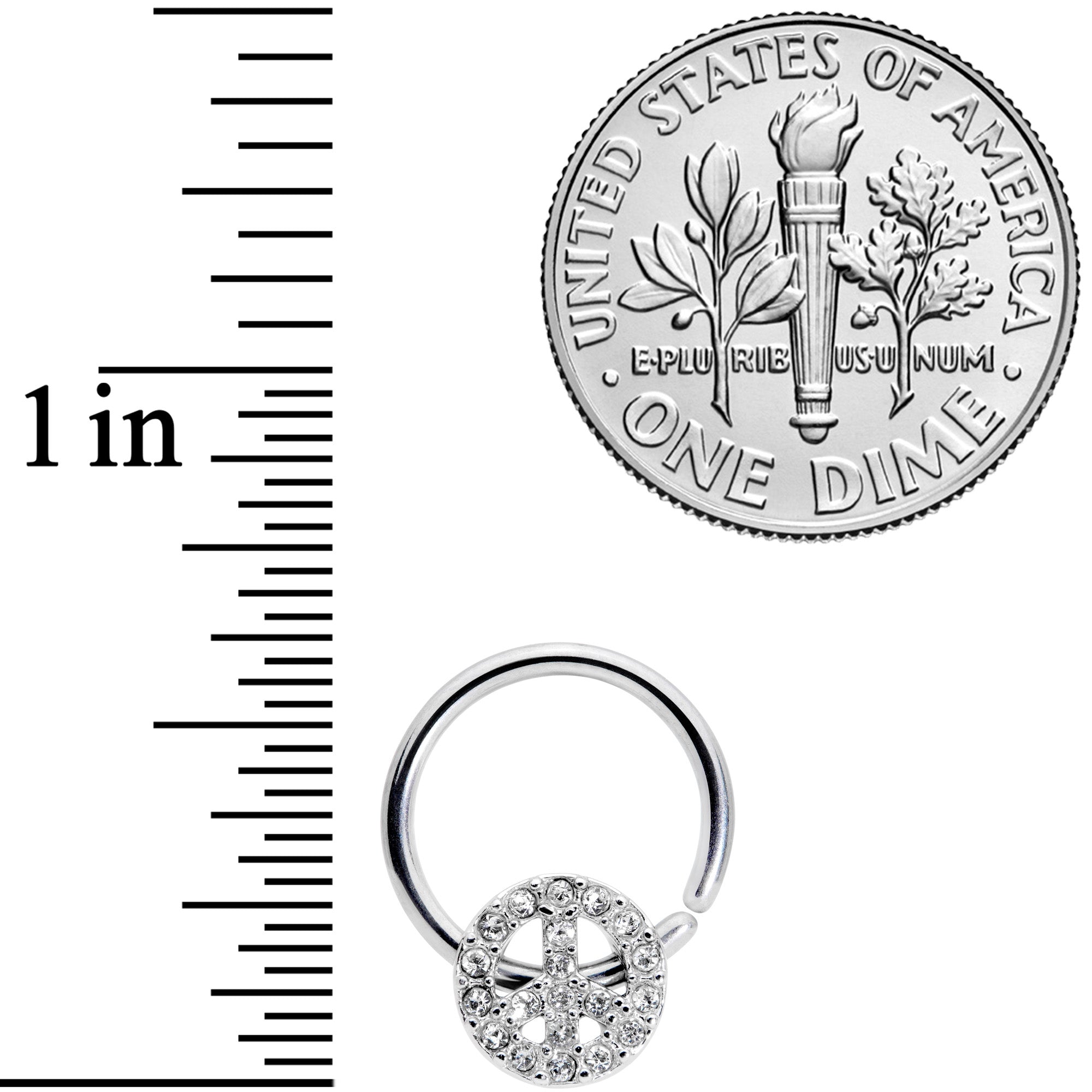 16G 3/8 Clear Gem Retro Peace Sign Closure Ring