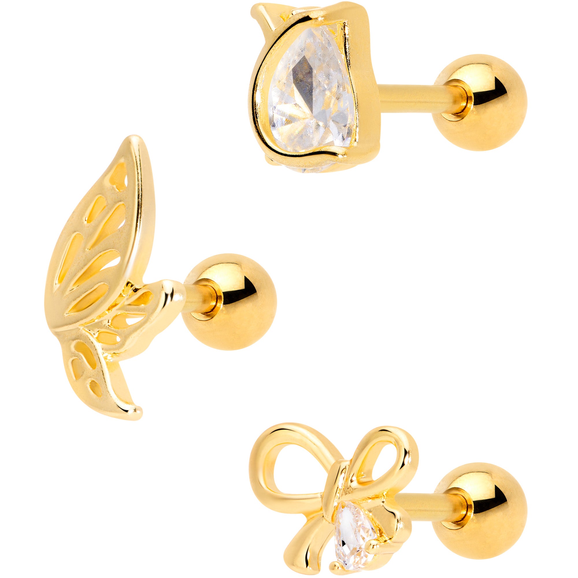 16G 5/16 Clear CZ Gem Gold Tone Bow Cartilage Tragus Set of 3