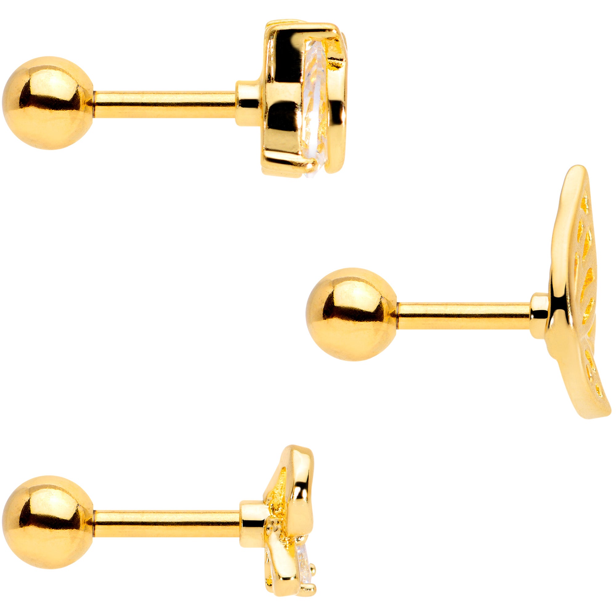 16G 5/16 Clear CZ Gem Gold Tone Bow Cartilage Tragus Set of 3