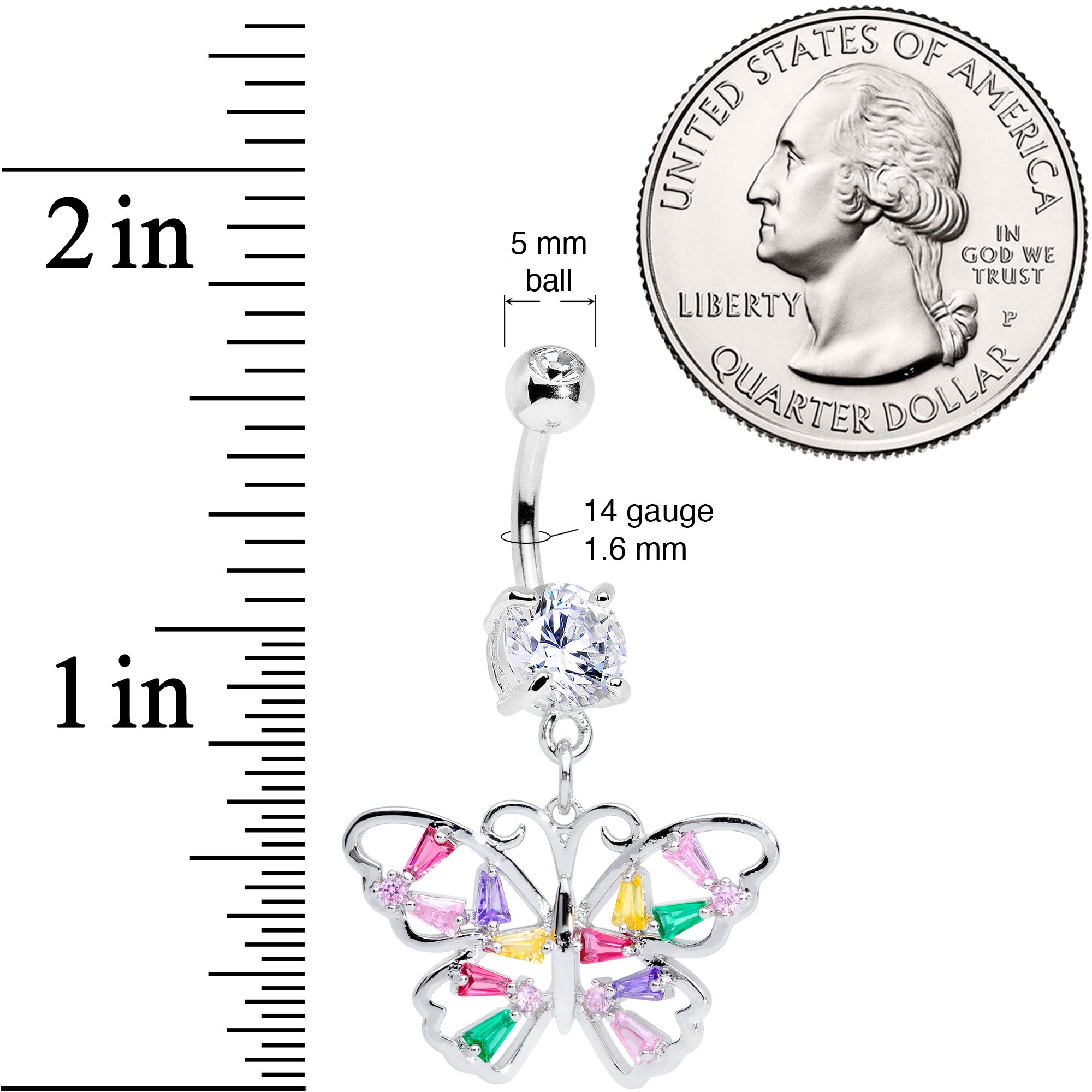 Green Pink Red CZ Gem Spring Butterfly Dangle Belly Ring