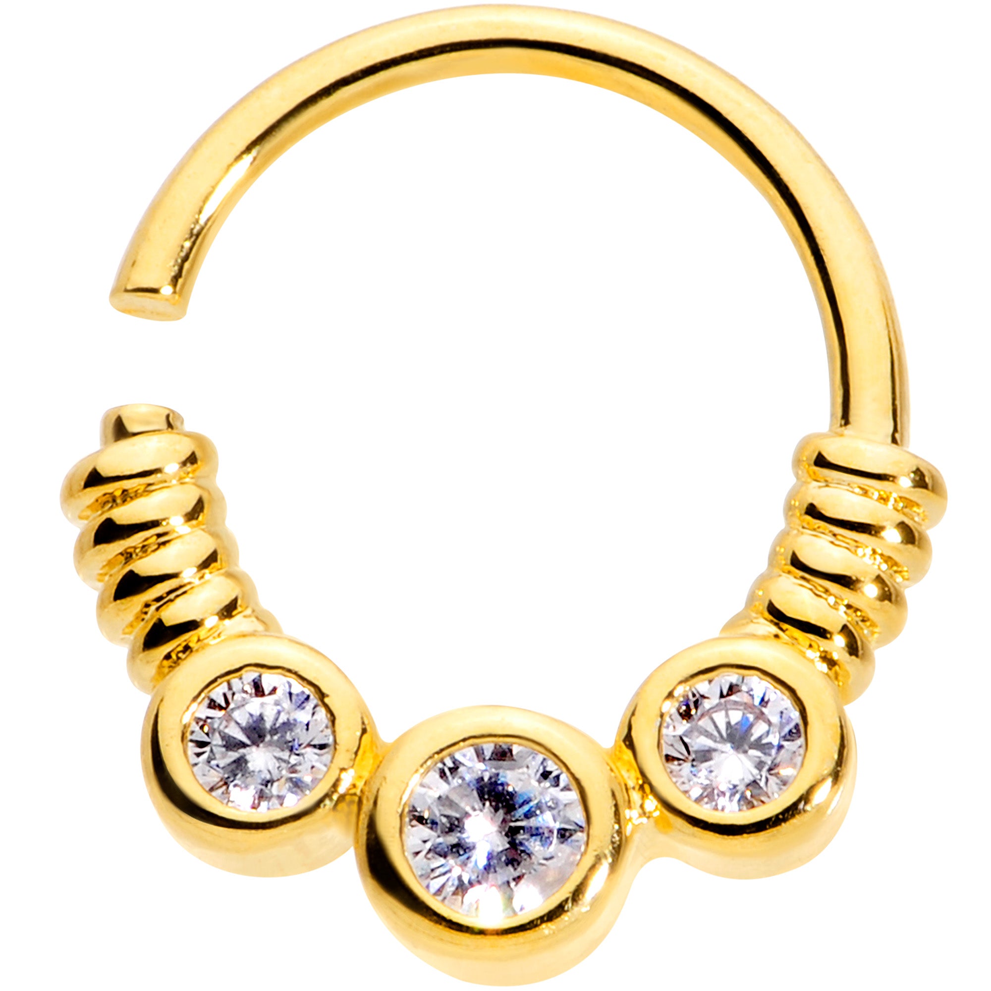 16G 3/8 Clear CZ Gem Trio Gold Tone Coils Closure Ring