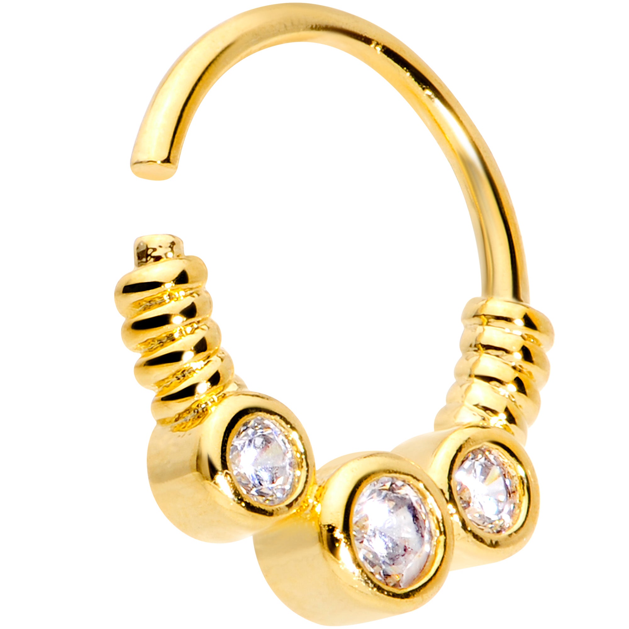 16G 3/8 Clear CZ Gem Trio Gold Tone Coils Closure Ring