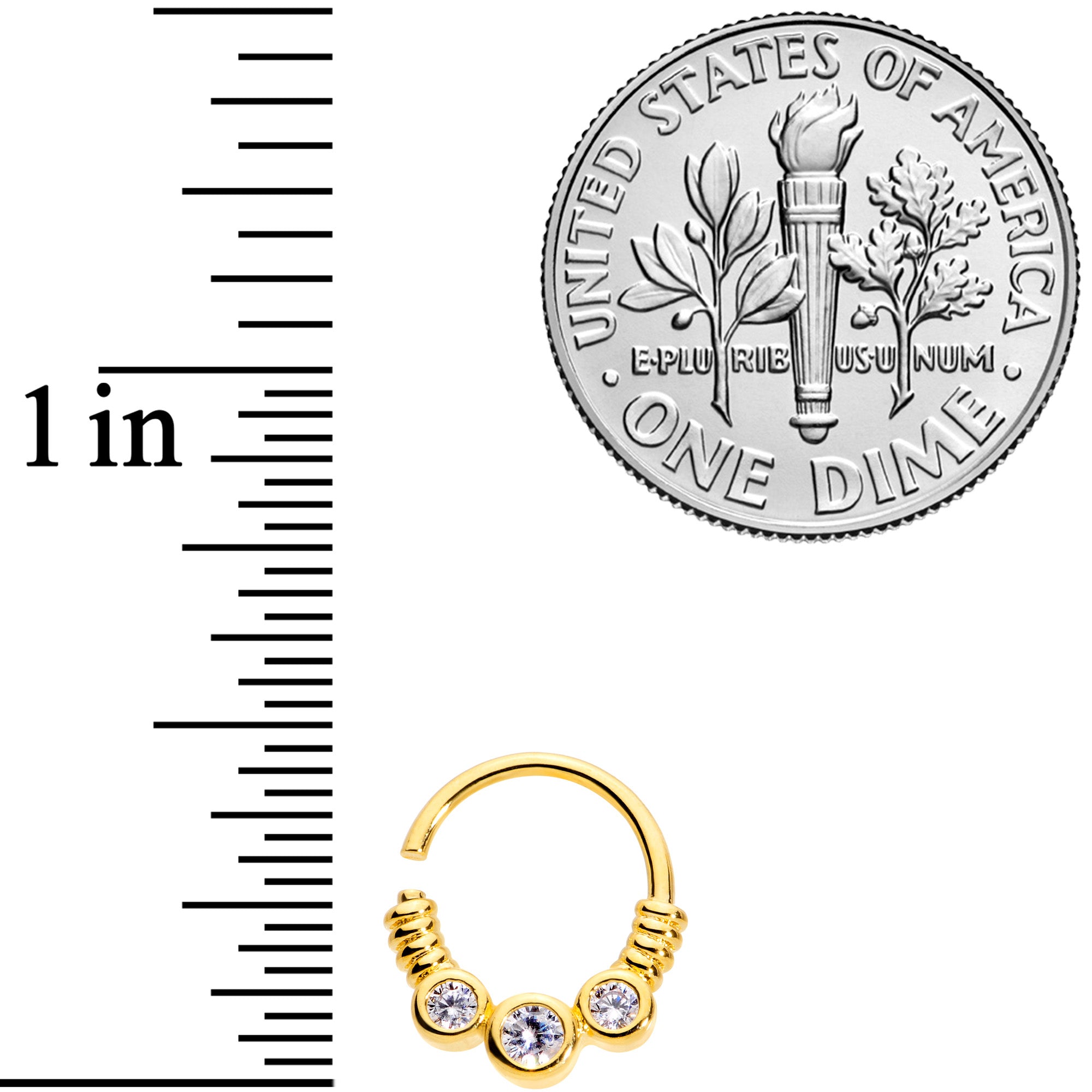 16G 3/8 Clear CZ Gem Trio Gold Tone Coils Closure Ring